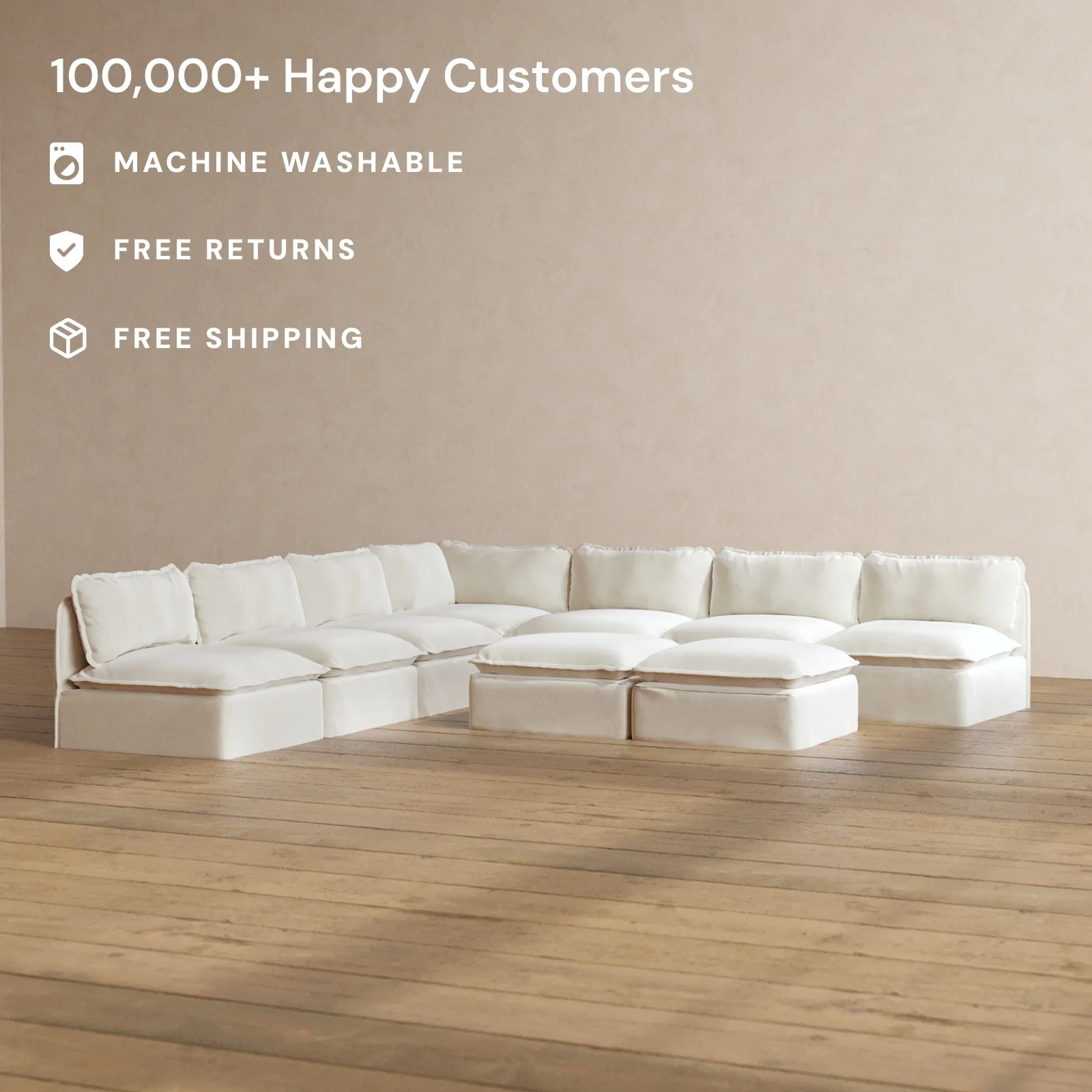 Modular Washable 7-Seater Open-Ends Corner Sectional + Bench Ottoman in Coco | Deluxe+ Seat | Cloud Pillow - Image 2