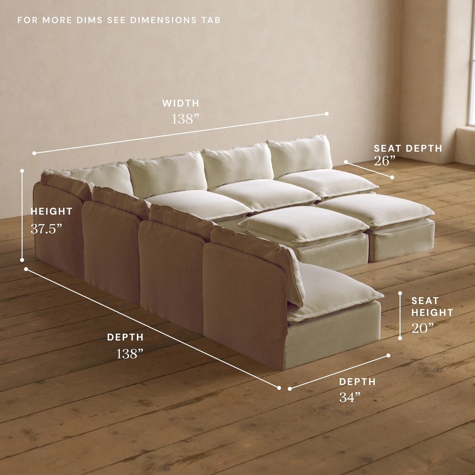Modular Washable 7-Seater Open-Ends Corner Sectional + Bench Ottoman in Coco | Deluxe+ Seat | Cloud Pillow - Image 5