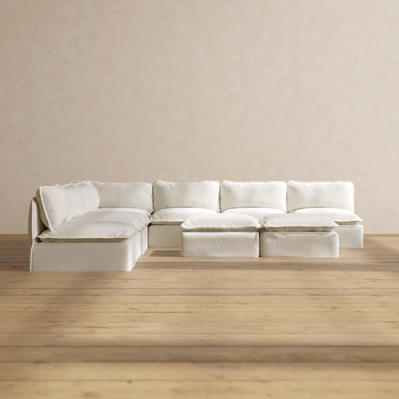 Modular Washable 7-Seater Open-Ends Corner Sectional + Bench Ottoman in Eggshell | Memorix+ Seat | Contour Pillow