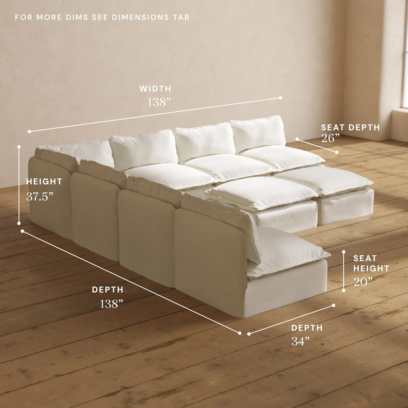 Modular Washable 7-Seater Open-Ends Corner Sectional + Bench Ottoman in Eggshell | Memorix+ Seat | Contour Pillow - Image 5
