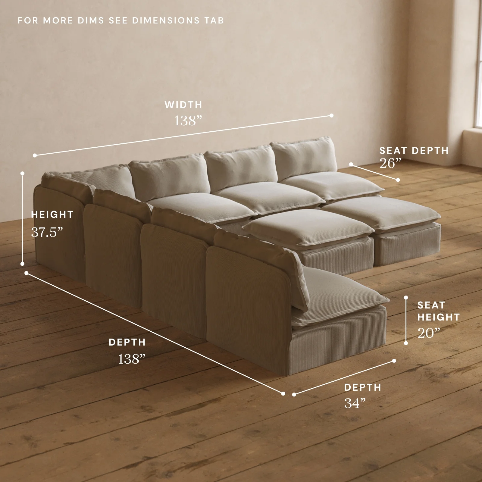 Modular Washable 7-Seater Open-Ends Corner Sectional + Bench Ottoman in Milk | Deluxe+ Seat | Cloud Pillow - Image 5