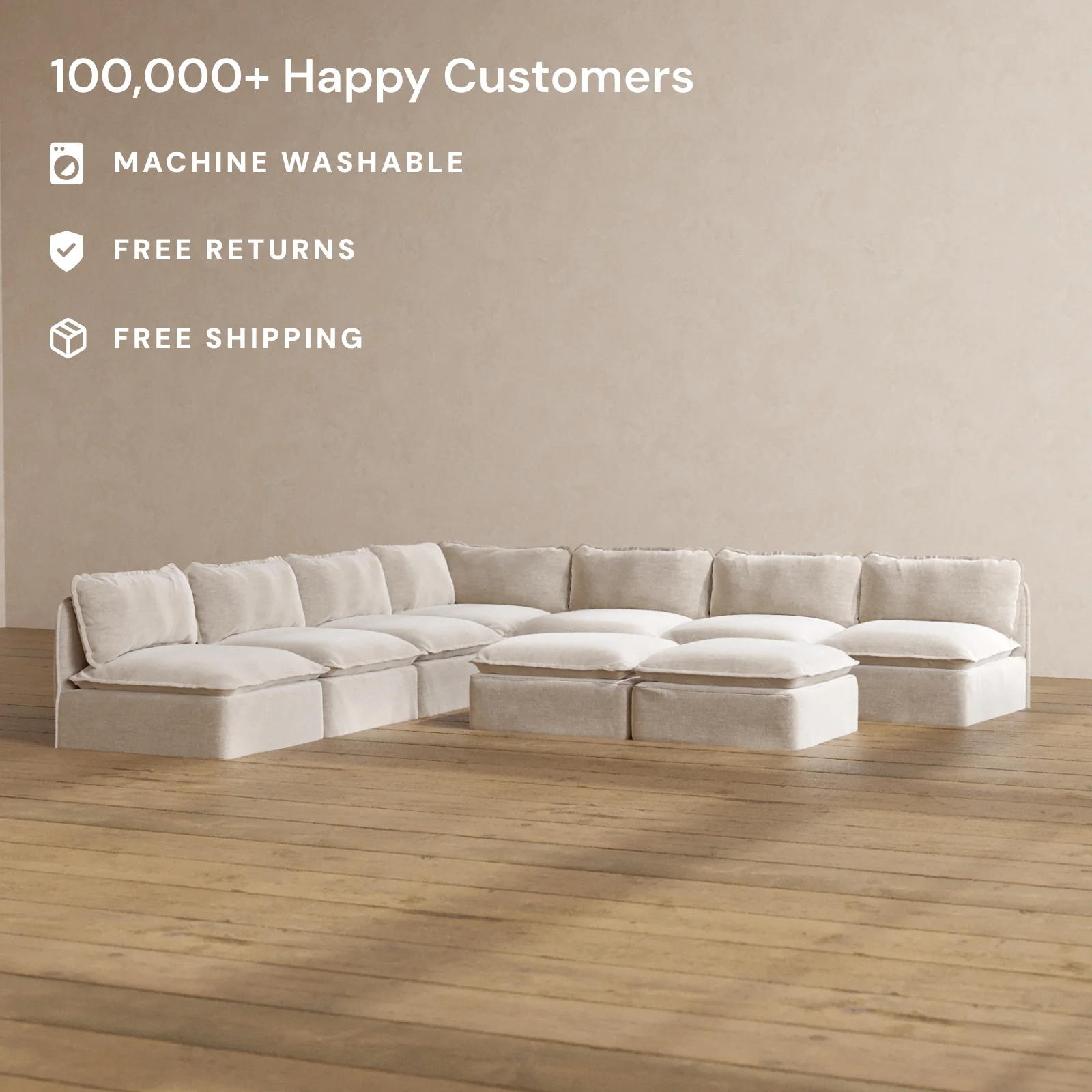 Modular Washable 7-Seater Open-Ends Corner Sectional + Bench Ottoman in Mist | Deluxe+ Seat | Cloud Pillow - Image 2