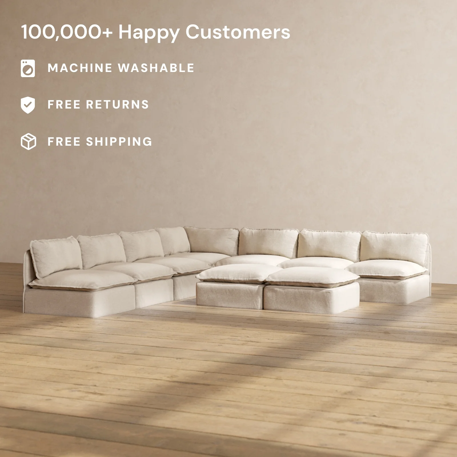 Modular Washable 7-Seater Open-Ends Corner Sectional + Bench Ottoman in Oat | Memorix+ Seat | Contour Pillow - Image 2