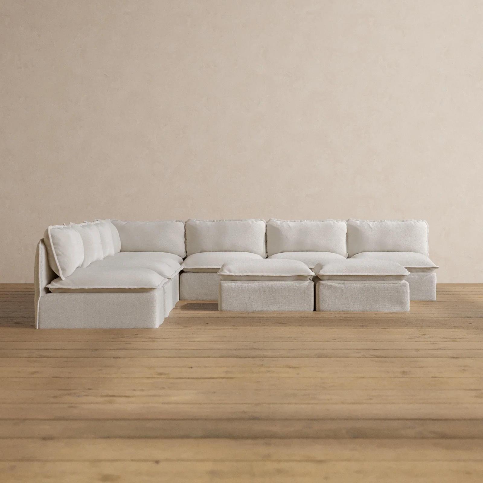 Modular Washable 7-Seater Open-Ends Corner Sectional + Bench Ottoman in Powder | Deluxe+ Seat | Cloud Pillow
