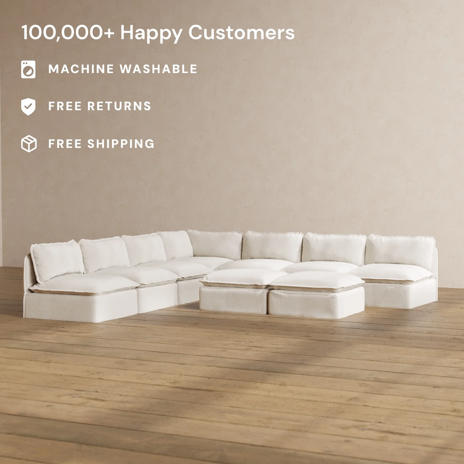 Modular Washable 7-Seater Open-Ends Corner Sectional + Bench Ottoman in Powder | Memorix+ Seat | Contour Pillow - Image 2