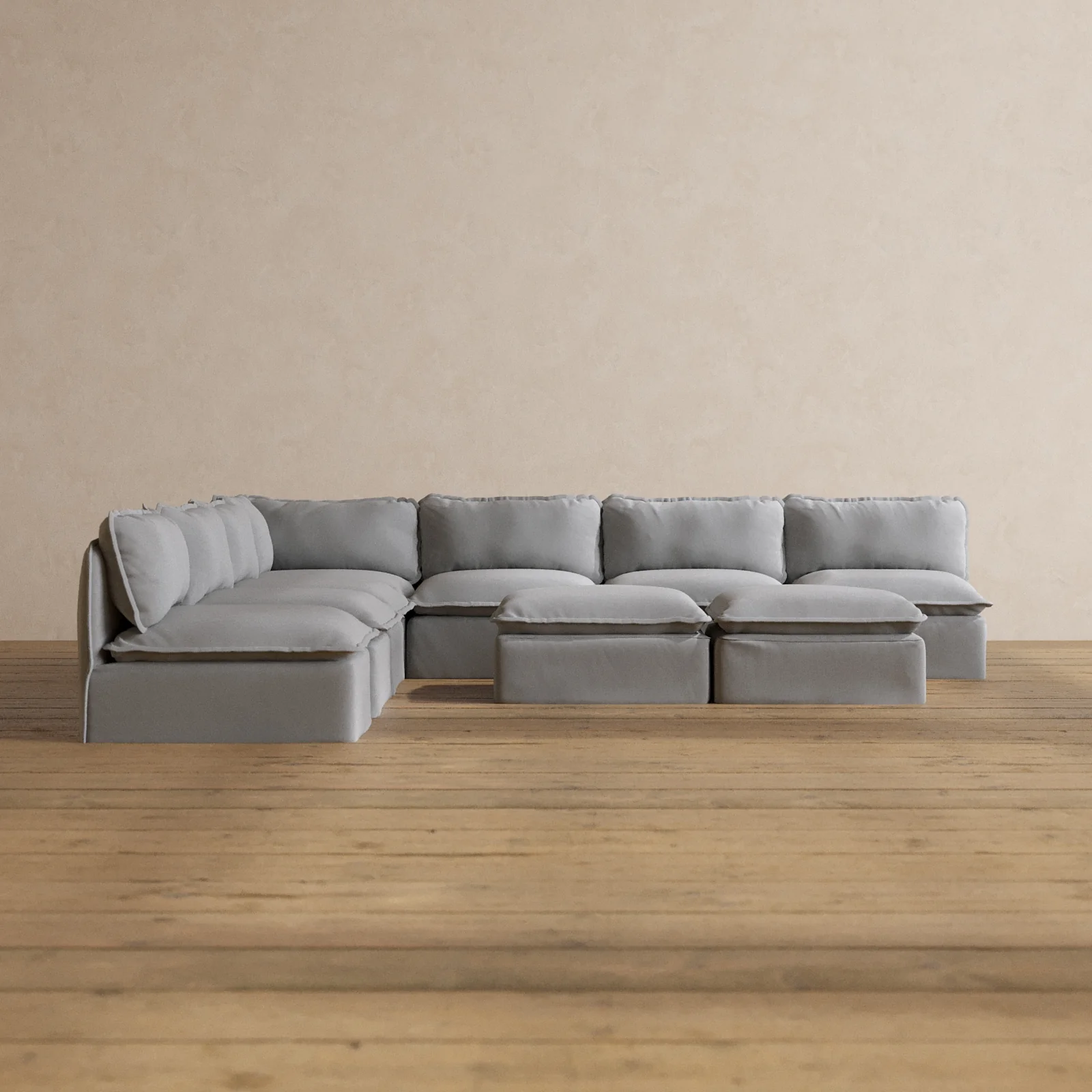 Modular Washable 7-Seater Open-Ends Corner Sectional + Bench Ottoman in Pumice | Memorix+ Seat | Contour Pillow