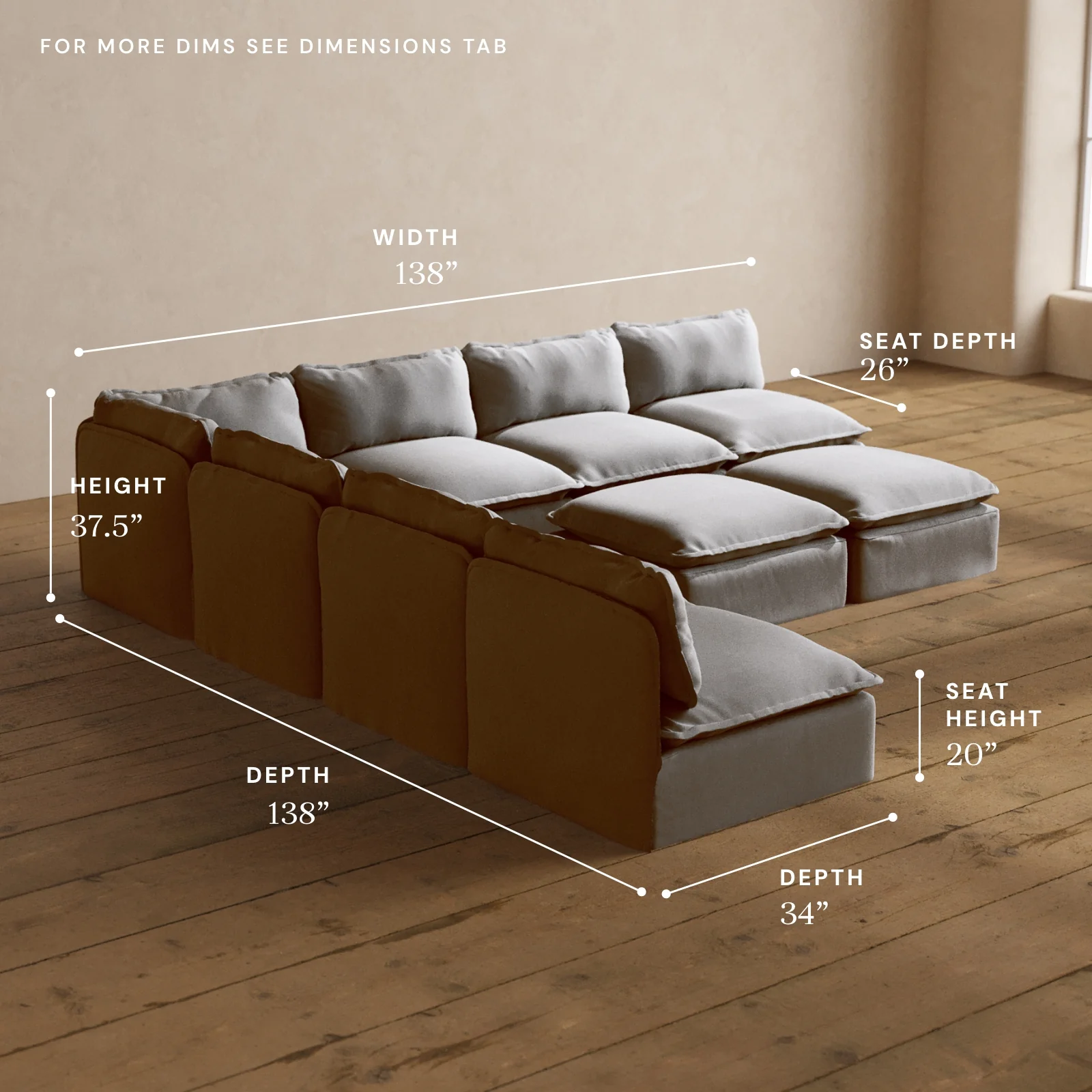 Modular Washable 7-Seater Open-Ends Corner Sectional + Bench Ottoman in Pumice | Memorix+ Seat | Contour Pillow - Image 5
