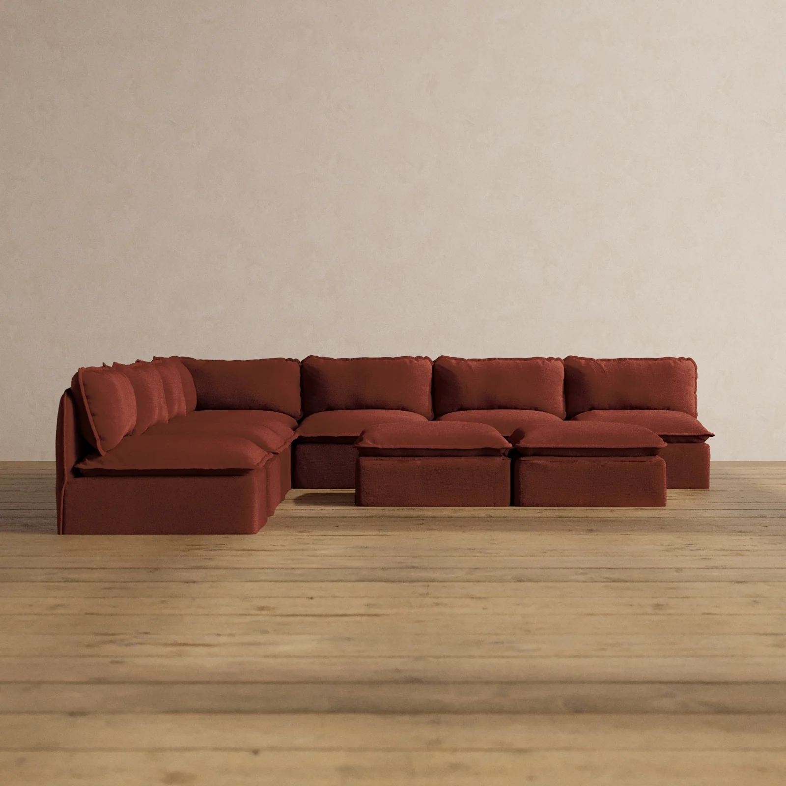 Modular Washable 7-Seater Open-Ends Corner Sectional + Bench Ottoman in Rust | Memorix+ Seat | Contour Pillow
