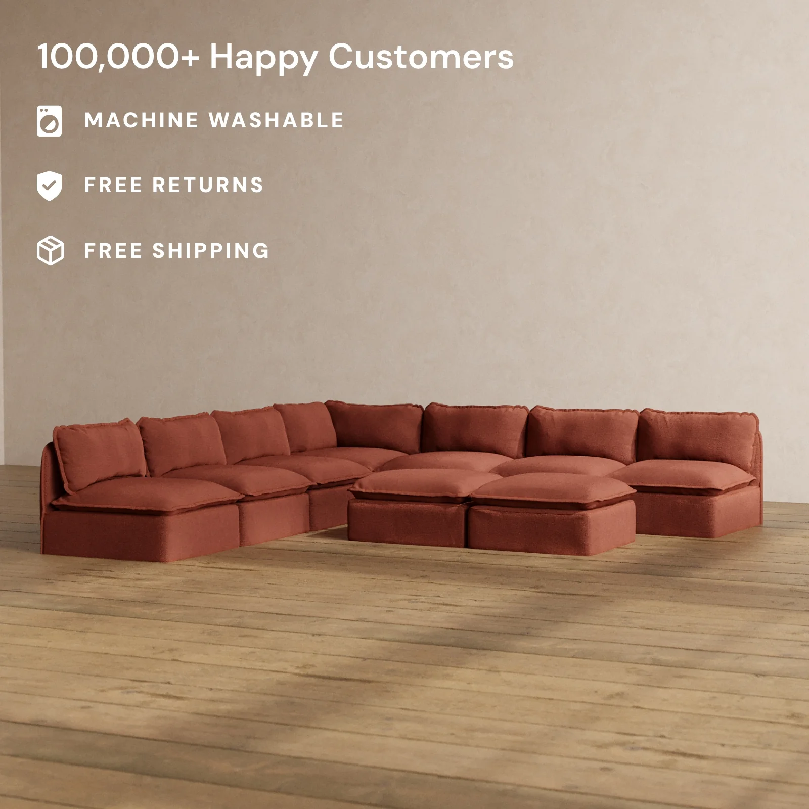 Modular Washable 7-Seater Open-Ends Corner Sectional + Bench Ottoman in Rust | Memorix+ Seat | Contour Pillow - Image 2