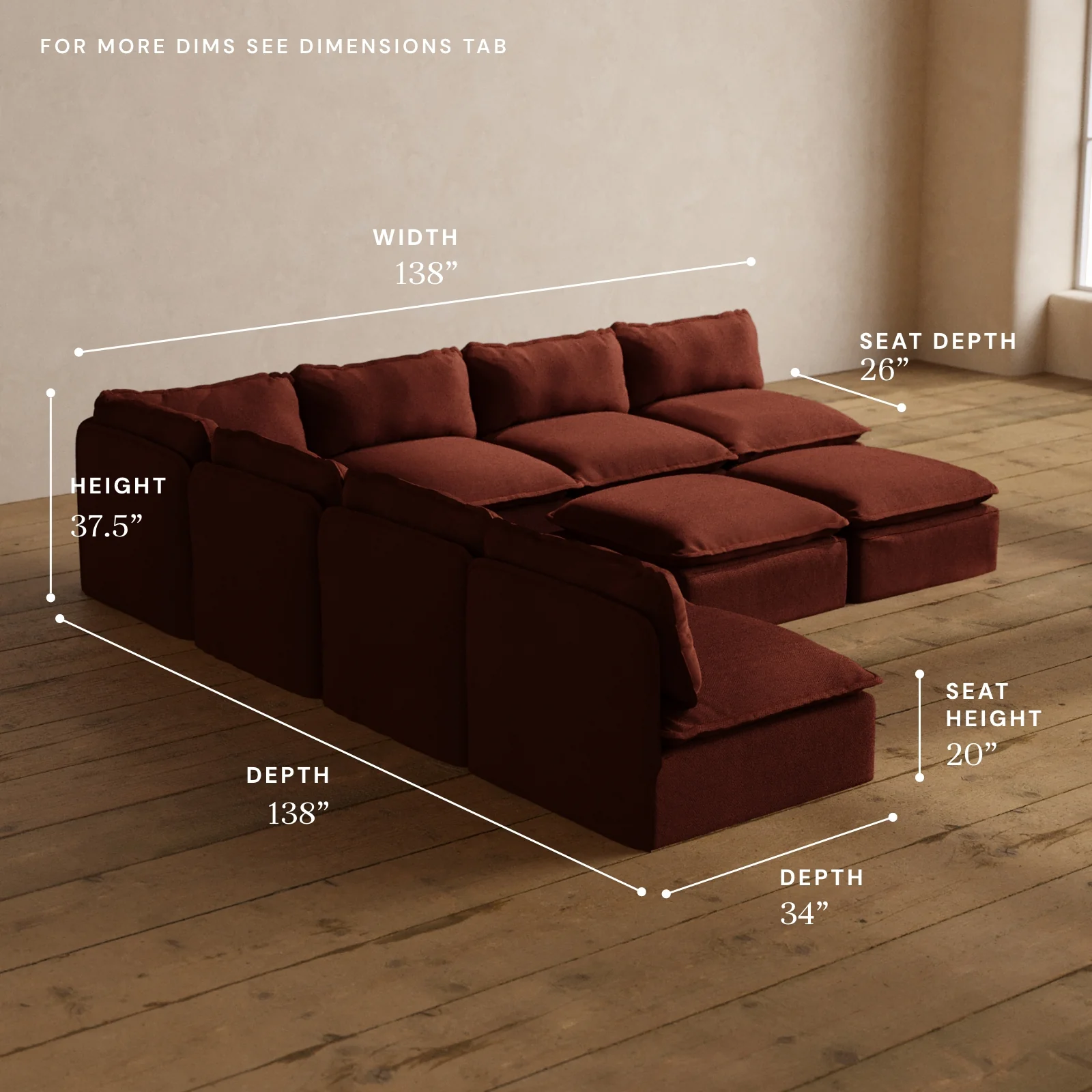 Modular Washable 7-Seater Open-Ends Corner Sectional + Bench Ottoman in Rust | Memorix+ Seat | Contour Pillow - Image 5