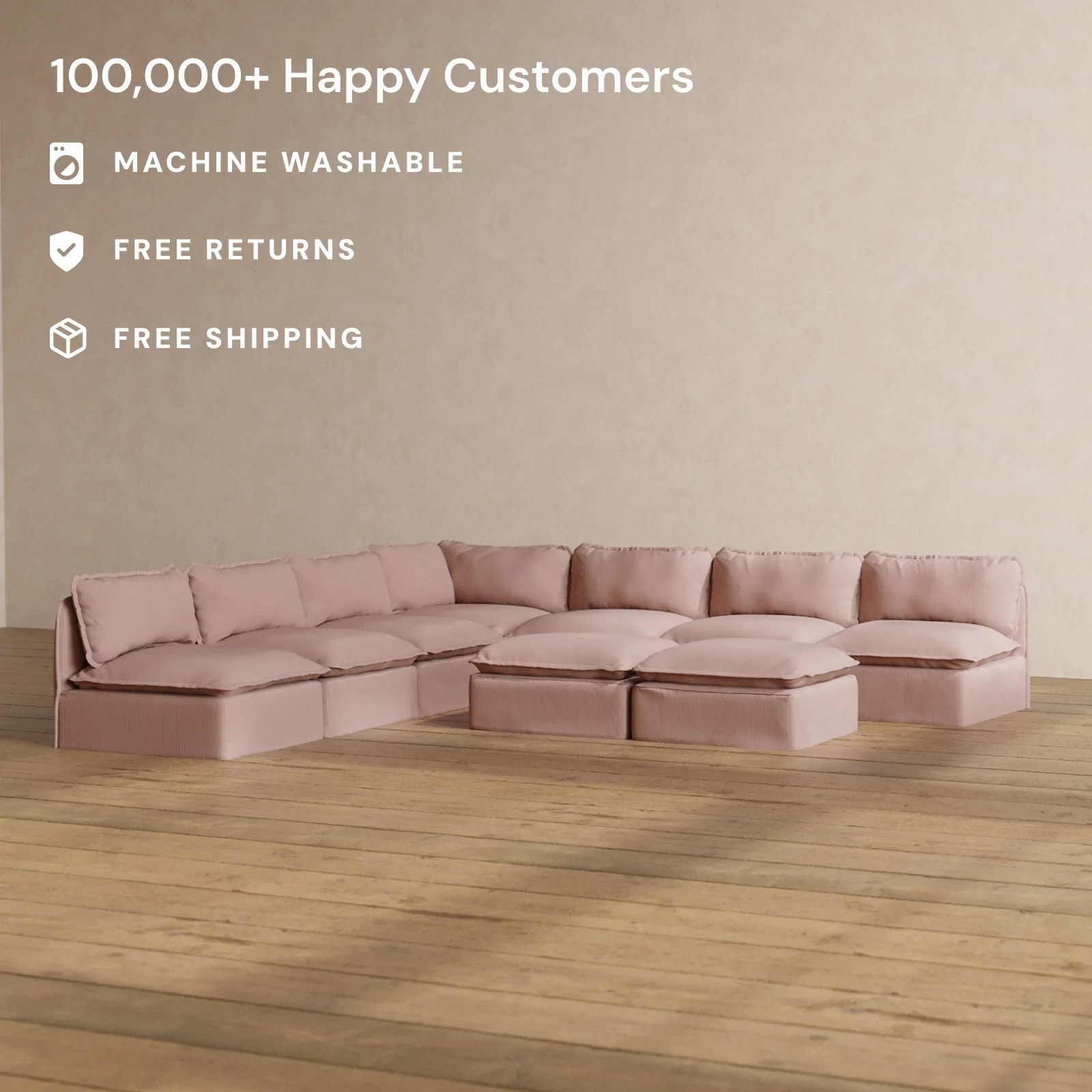Modular Washable 7-Seater Open-Ends Corner Sectional + Bench Ottoman in Sakura | Deluxe+ Seat | Cloud Pillow - Image 2