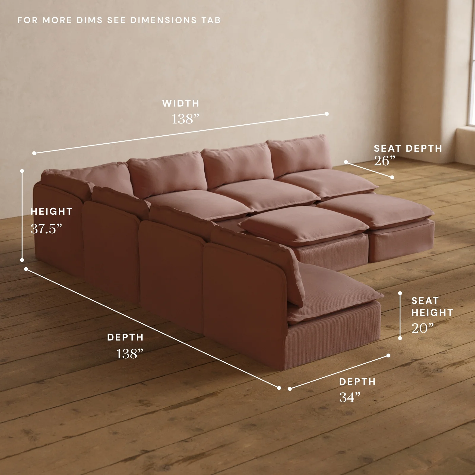 Modular Washable 7-Seater Open-Ends Corner Sectional + Bench Ottoman in Sakura | Deluxe+ Seat | Cloud Pillow - Image 5
