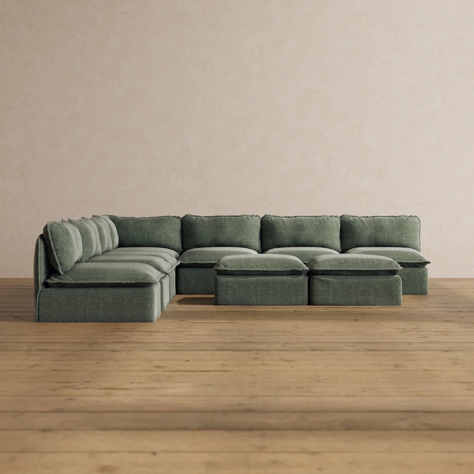 Modular Washable 7-Seater Open-Ends Corner Sectional + Bench Ottoman in Willow | Memorix+ Seat | Contour Pillow