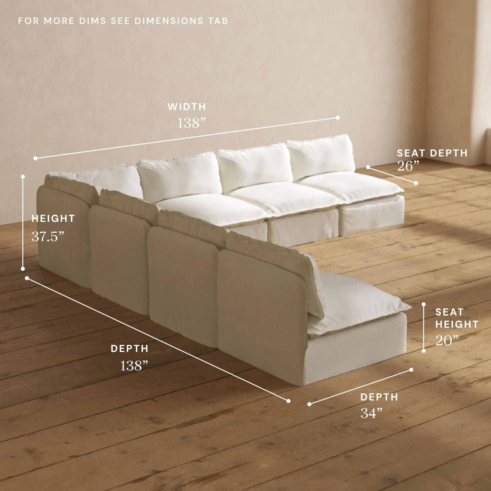 Modular Washable 7-Seater Open-Ends Corner Sectional in Eggshell | Deluxe+ Seat | Cloud Pillow - Image 5