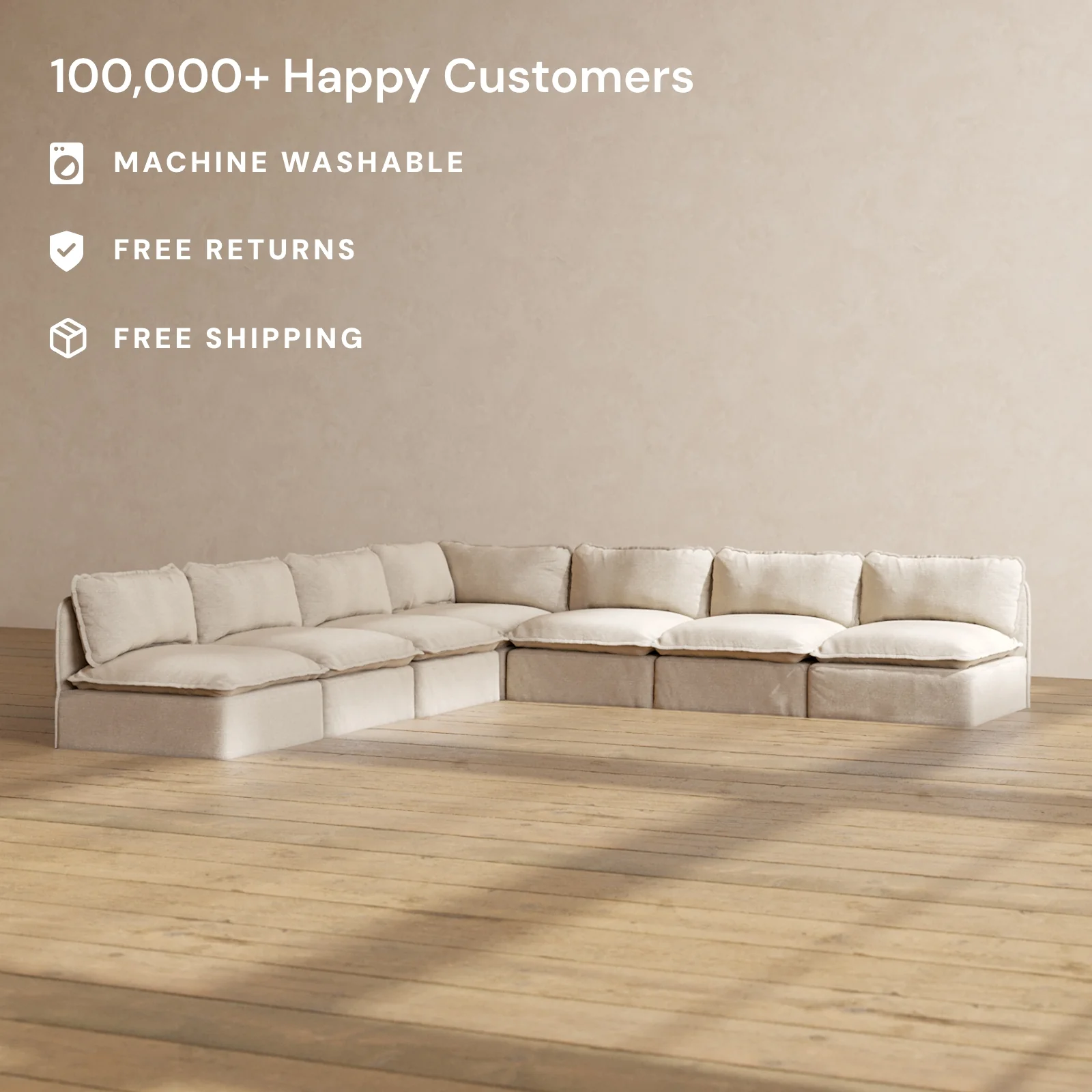 Modular Washable 7-Seater Open-Ends Corner Sectional in Oat | Deluxe+ Seat | Cloud Pillow - Image 2