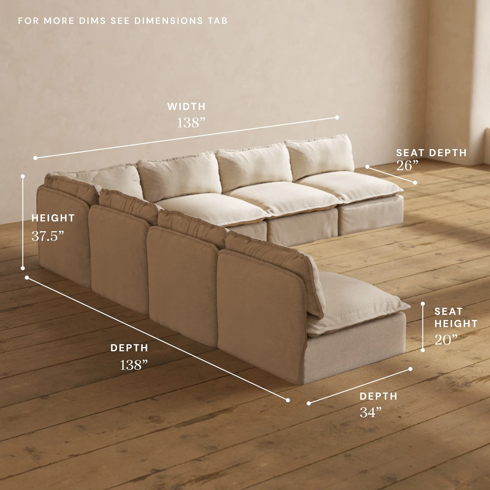 Modular Washable 7-Seater Open-Ends Corner Sectional in Oat | Deluxe+ Seat | Cloud Pillow - Image 5