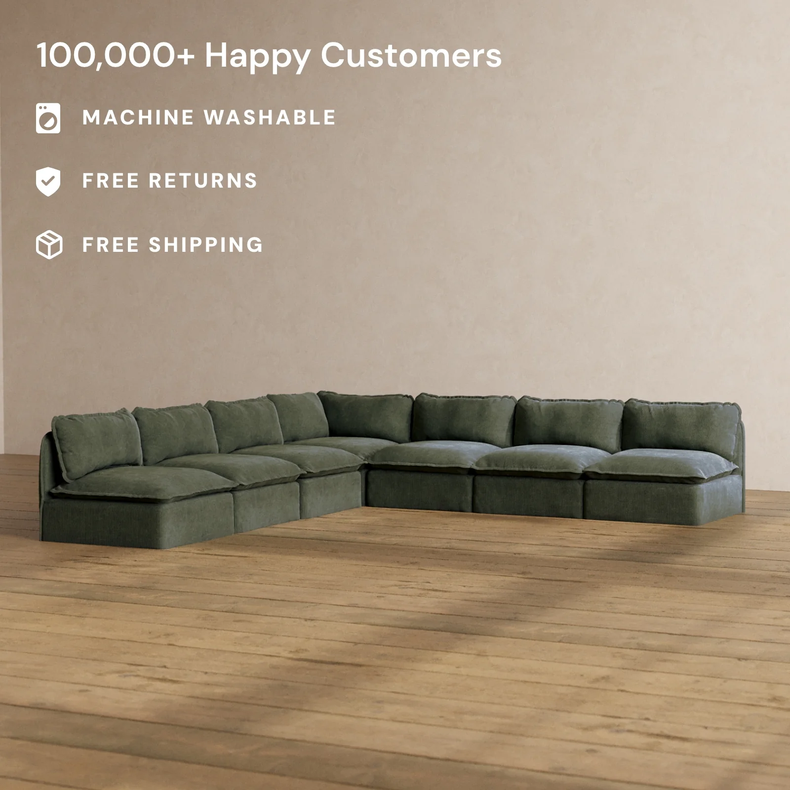 Modular Washable 7-Seater Open-Ends Corner Sectional in Olivine | Memorix+ Seat | Contour Pillow - Image 2