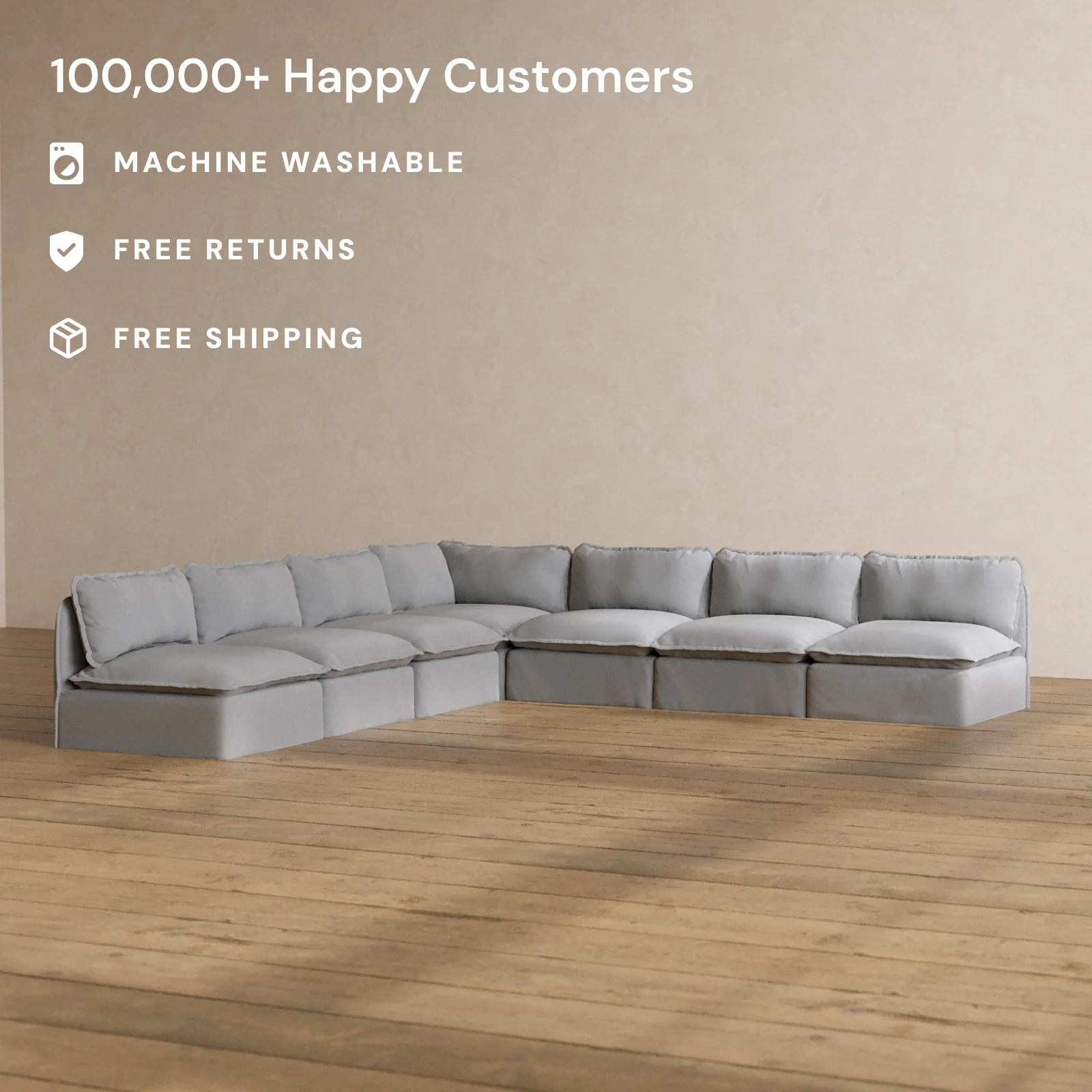 Modular Washable 7-Seater Open-Ends Corner Sectional in Pumice | Deluxe+ Seat | Cloud Pillow - Image 2