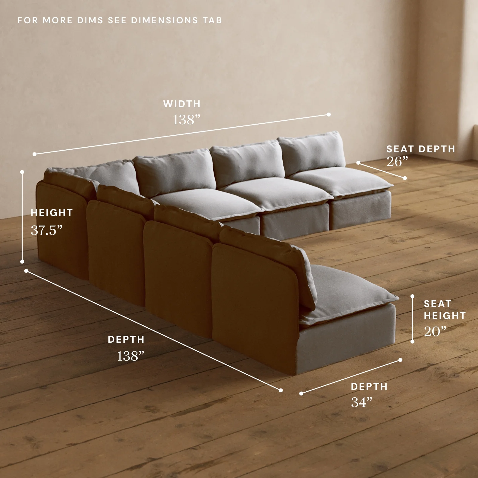 Modular Washable 7-Seater Open-Ends Corner Sectional in Pumice | Deluxe+ Seat | Cloud Pillow - Image 5