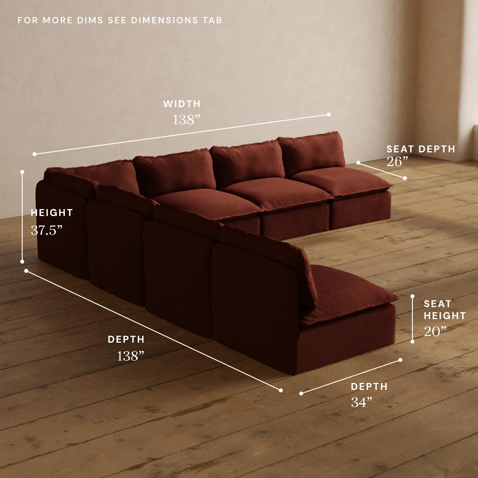 Modular Washable 7-Seater Open-Ends Corner Sectional in Rust | Memorix+ Seat | Contour Pillow - Image 5