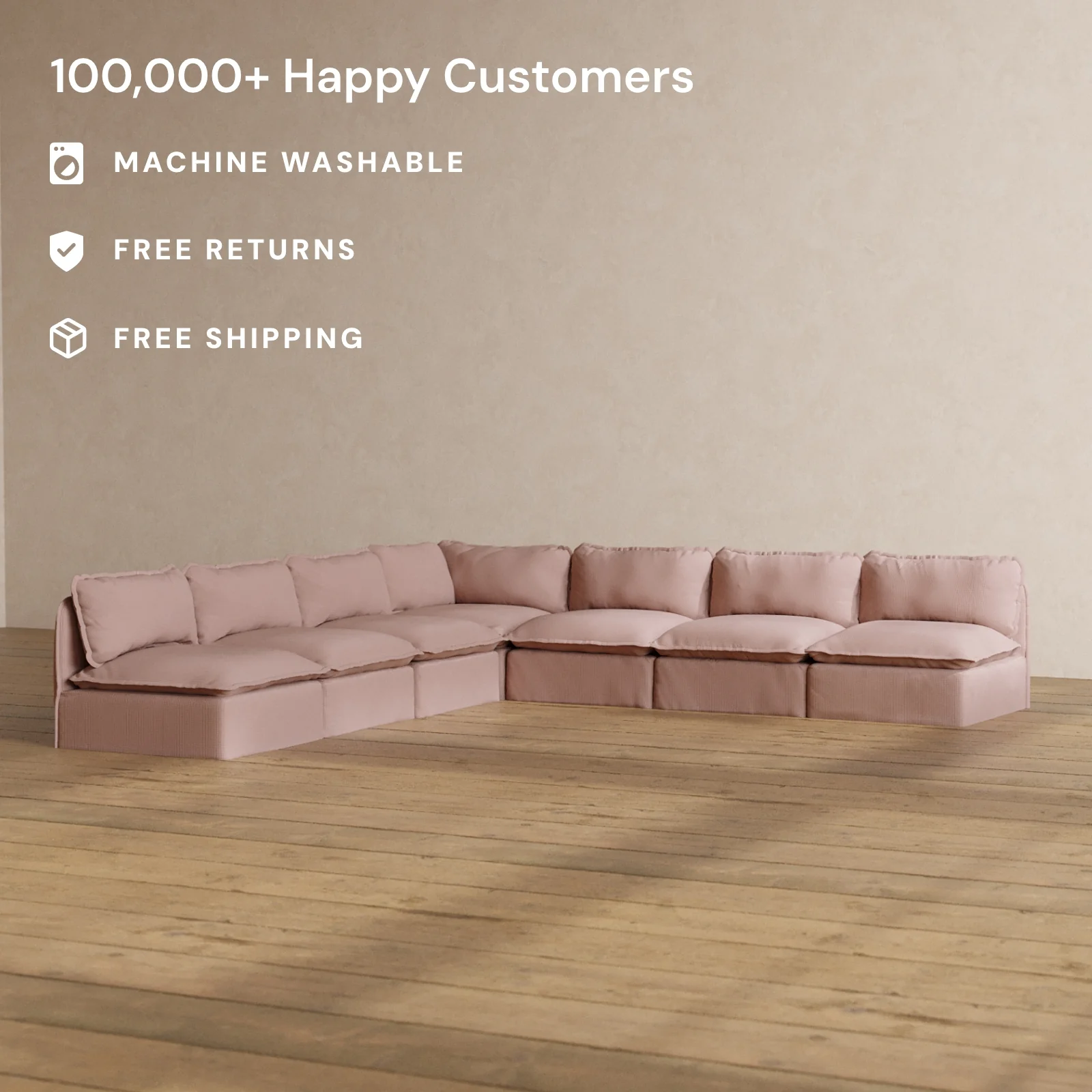 Modular Washable 7-Seater Open-Ends Corner Sectional in Sakura | Deluxe+ Seat | Cloud Pillow - Image 2