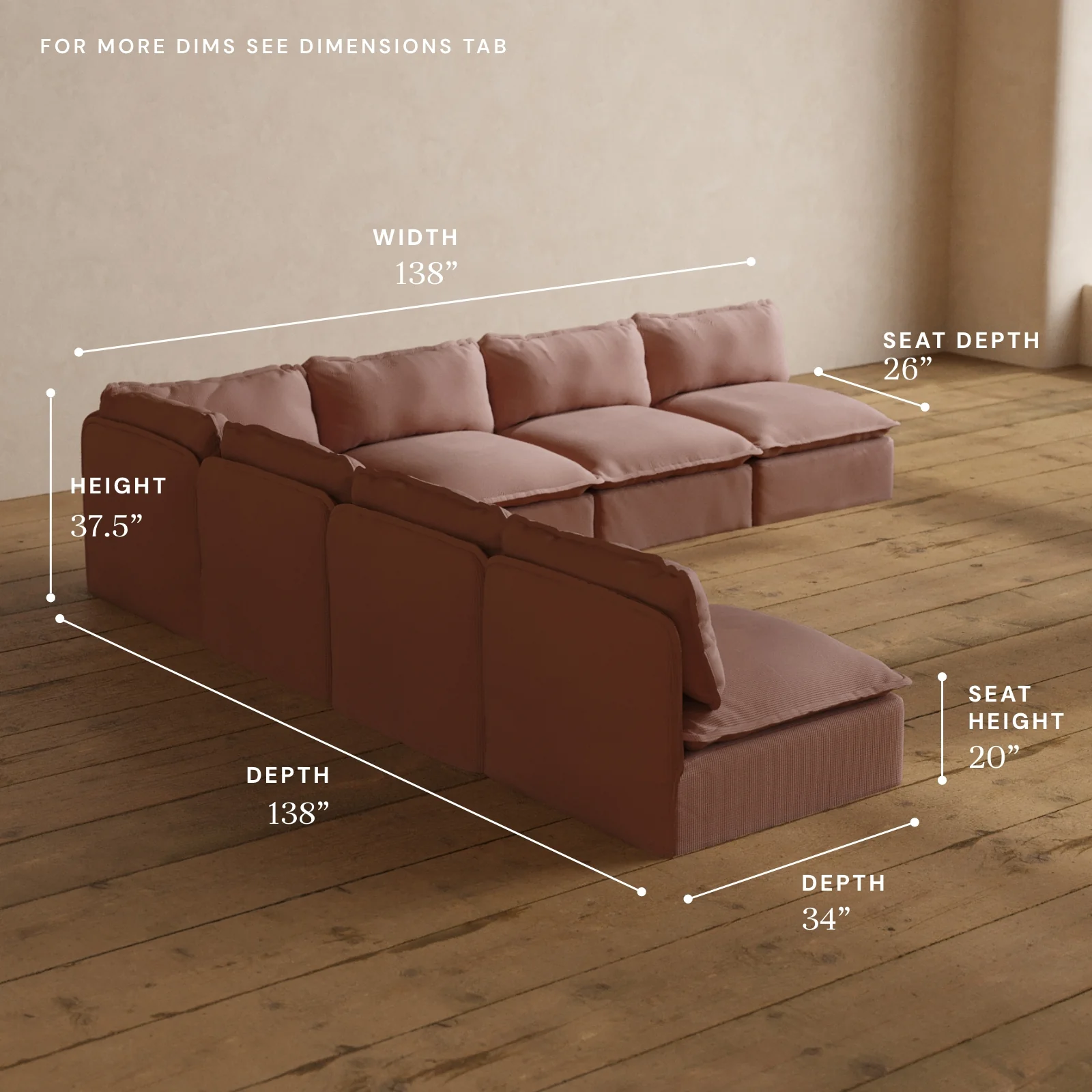 Modular Washable 7-Seater Open-Ends Corner Sectional in Sakura | Deluxe+ Seat | Cloud Pillow - Image 5