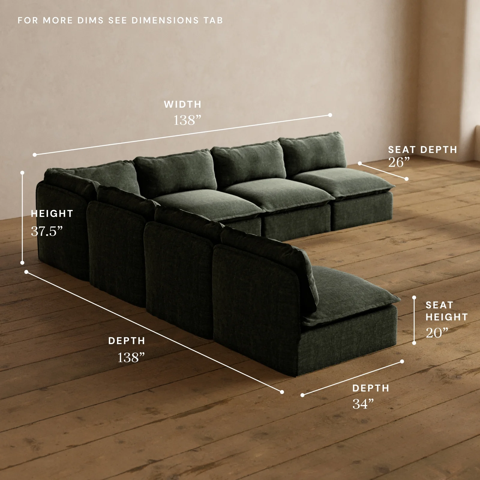 Modular Washable 7-Seater Open-Ends Corner Sectional in Willow | Deluxe+ Seat | Cloud Pillow - Image 5
