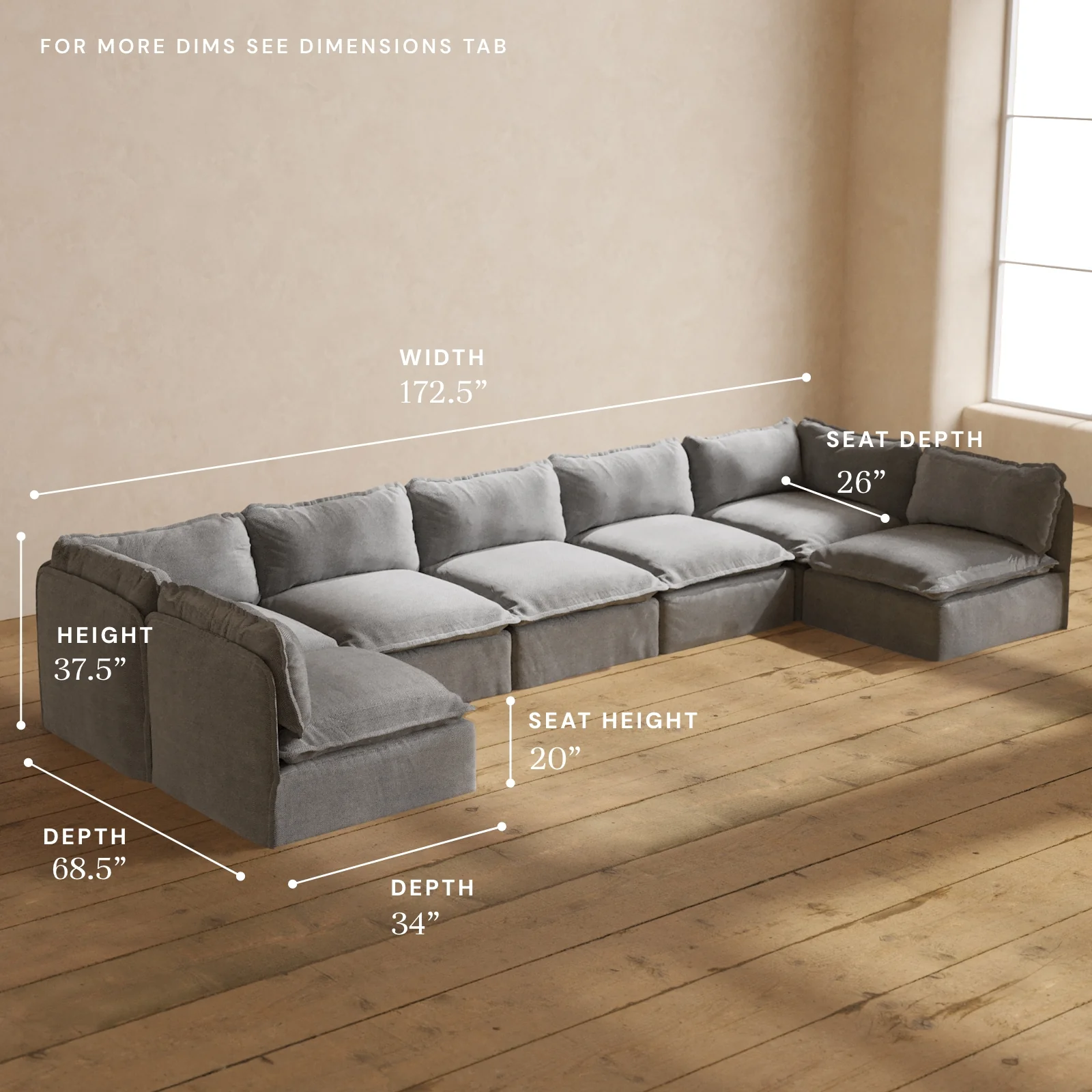 Modular Washable 7-Seater Open-Ends U-Sectional in Ash | Memorix+ Seat | Contour Pillow - Image 5