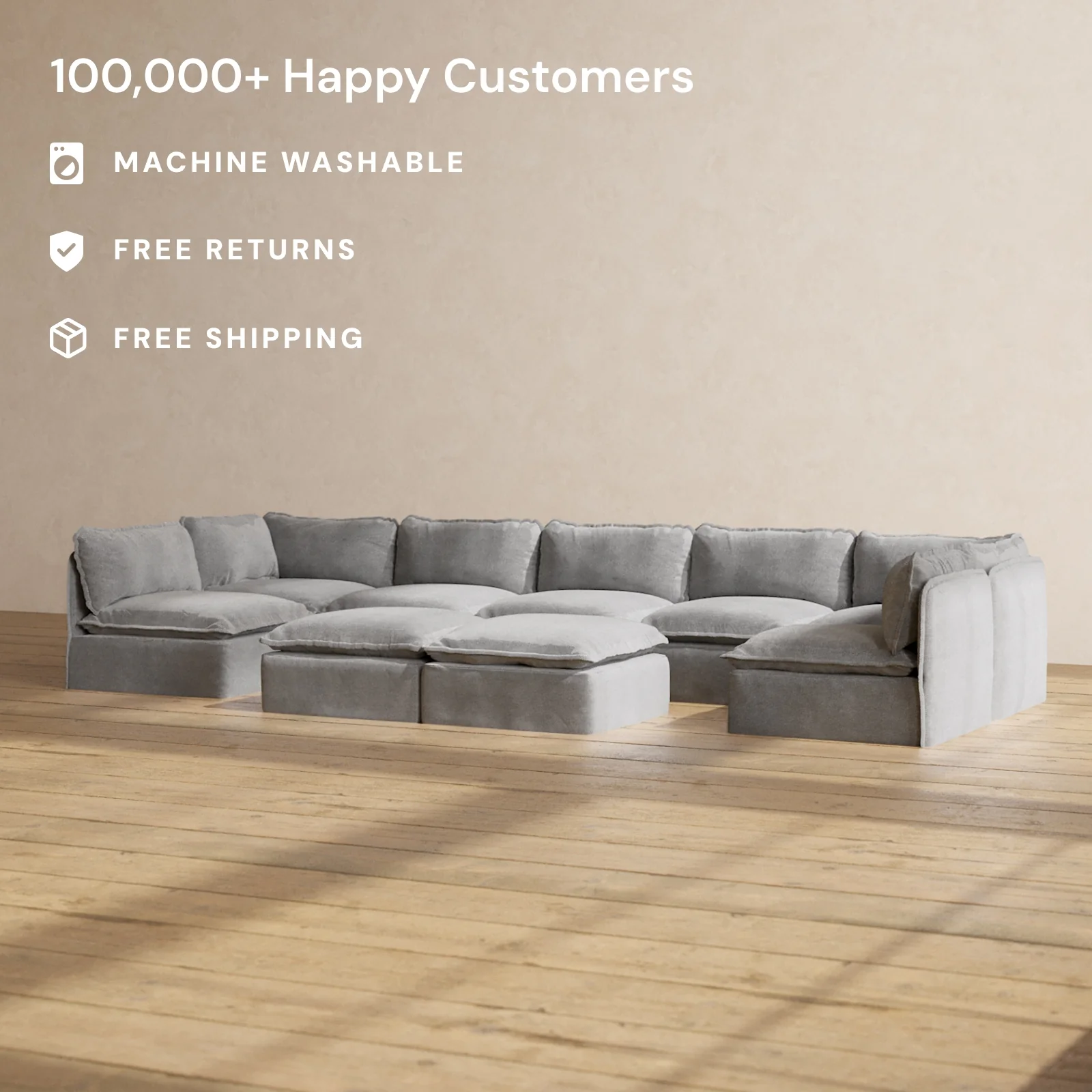 Modular Washable 7-Seater Open-Ends U-Sectional + Bench Ottoman in Ash | Deluxe+ Seat | Cloud Pillow - Image 2