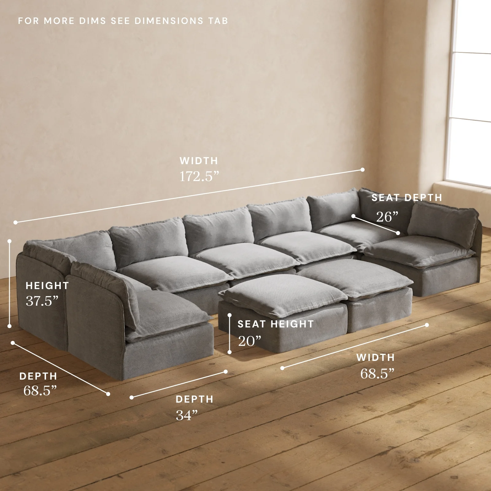 Modular Washable 7-Seater Open-Ends U-Sectional + Bench Ottoman in Ash | Memorix+ Seat | Contour Pillow - Image 5