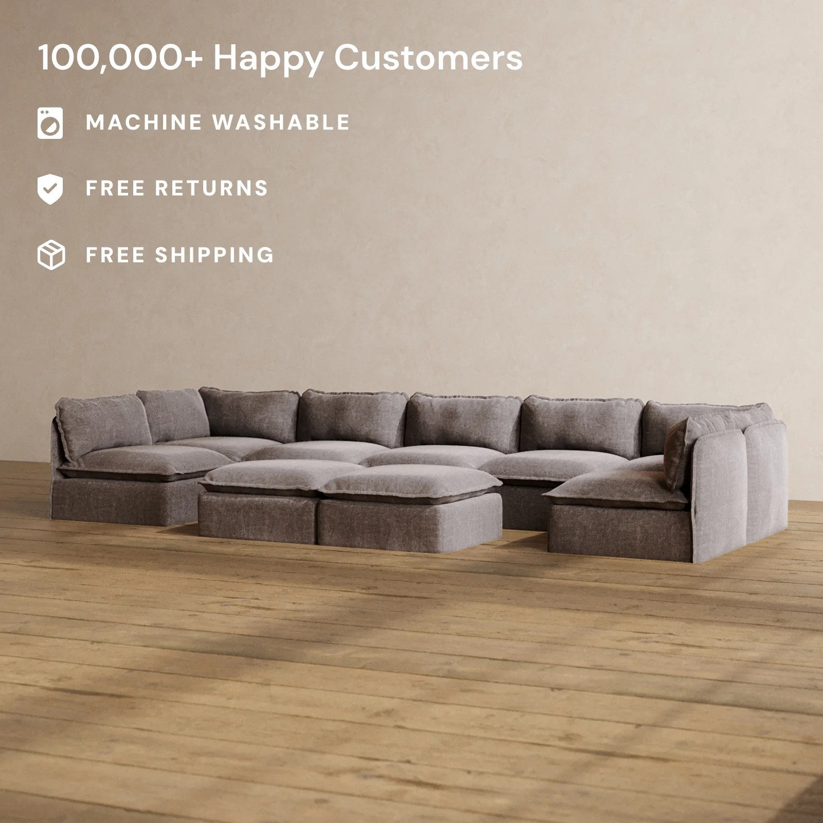 Modular Washable 7-Seater Open-Ends U-Sectional + Bench Ottoman in Caviar | Memorix+ Seat | Contour Pillow - Image 2