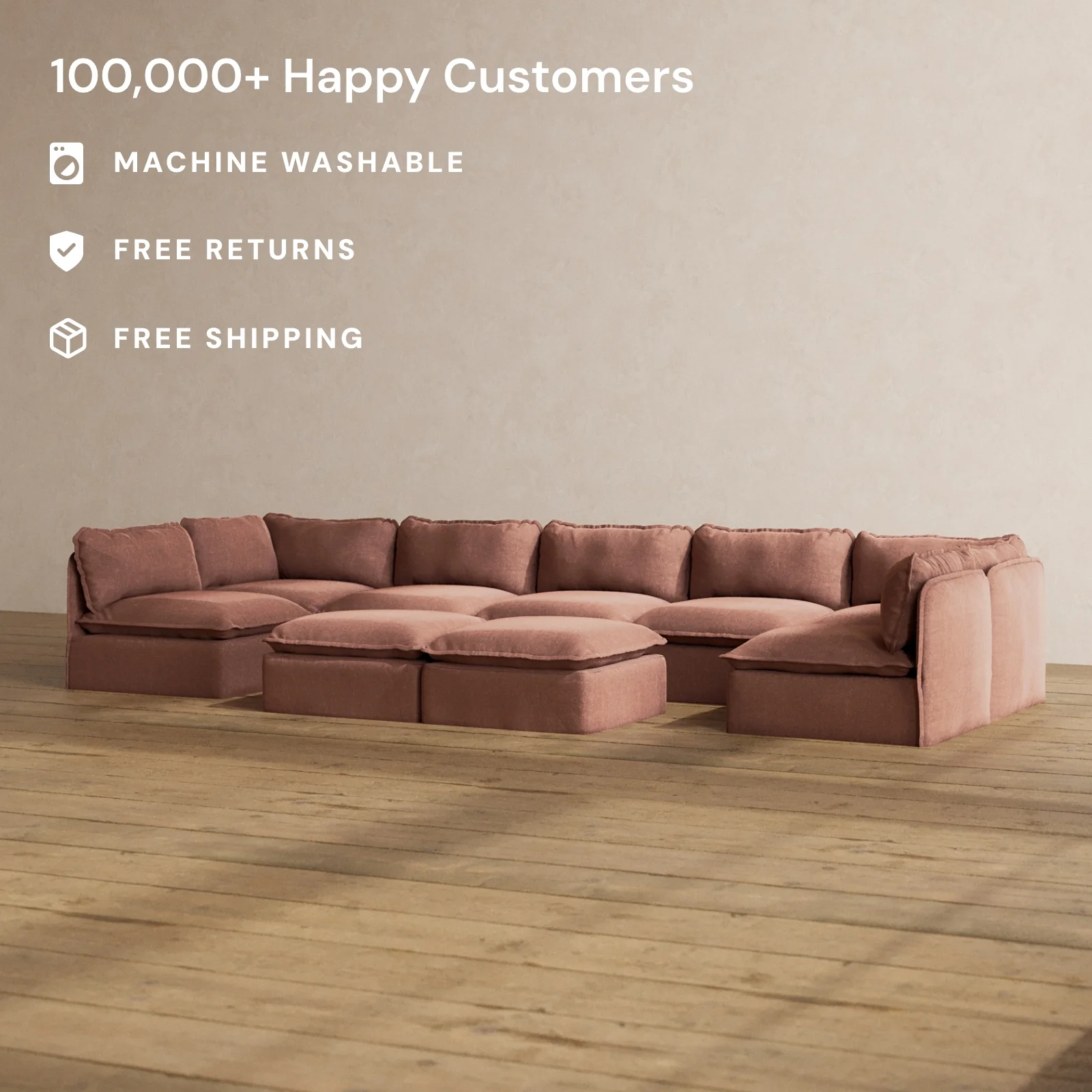Modular Washable 7-Seater Open-Ends U-Sectional + Bench Ottoman in Chestnut | Deluxe+ Seat | Cloud Pillow - Image 2
