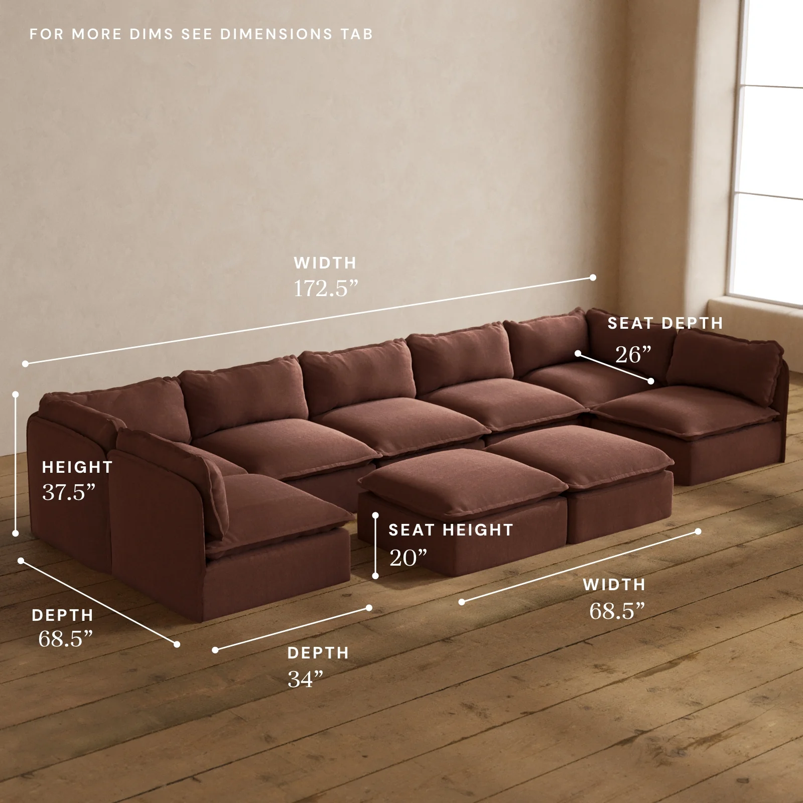 Modular Washable 7-Seater Open-Ends U-Sectional + Bench Ottoman in Chestnut | Deluxe+ Seat | Cloud Pillow - Image 5