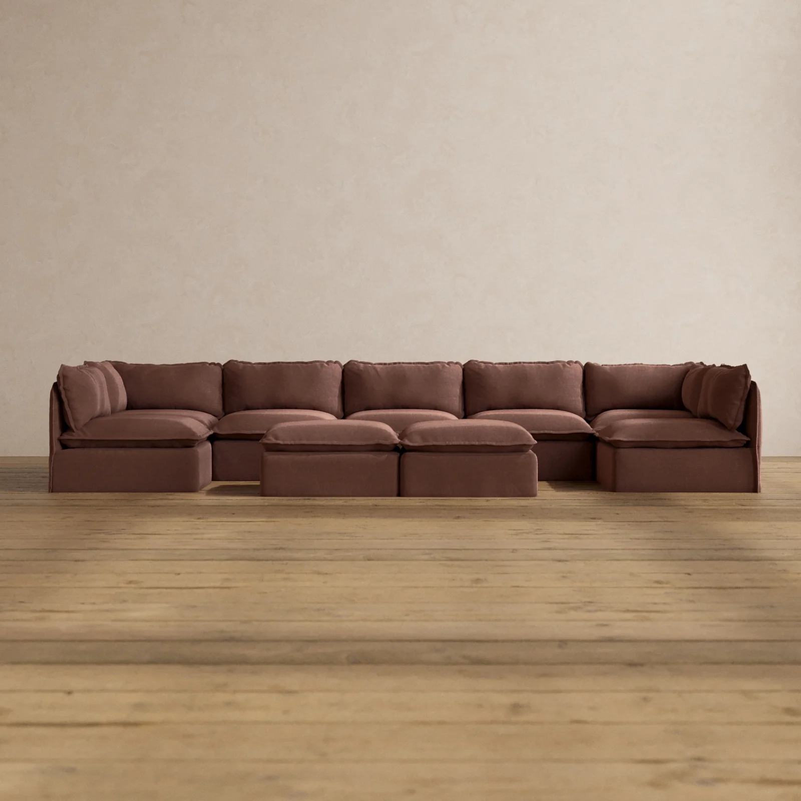 Modular Washable 7-Seater Open-Ends U-Sectional + Bench Ottoman in Chestnut | Memorix+ Seat | Contour Pillow