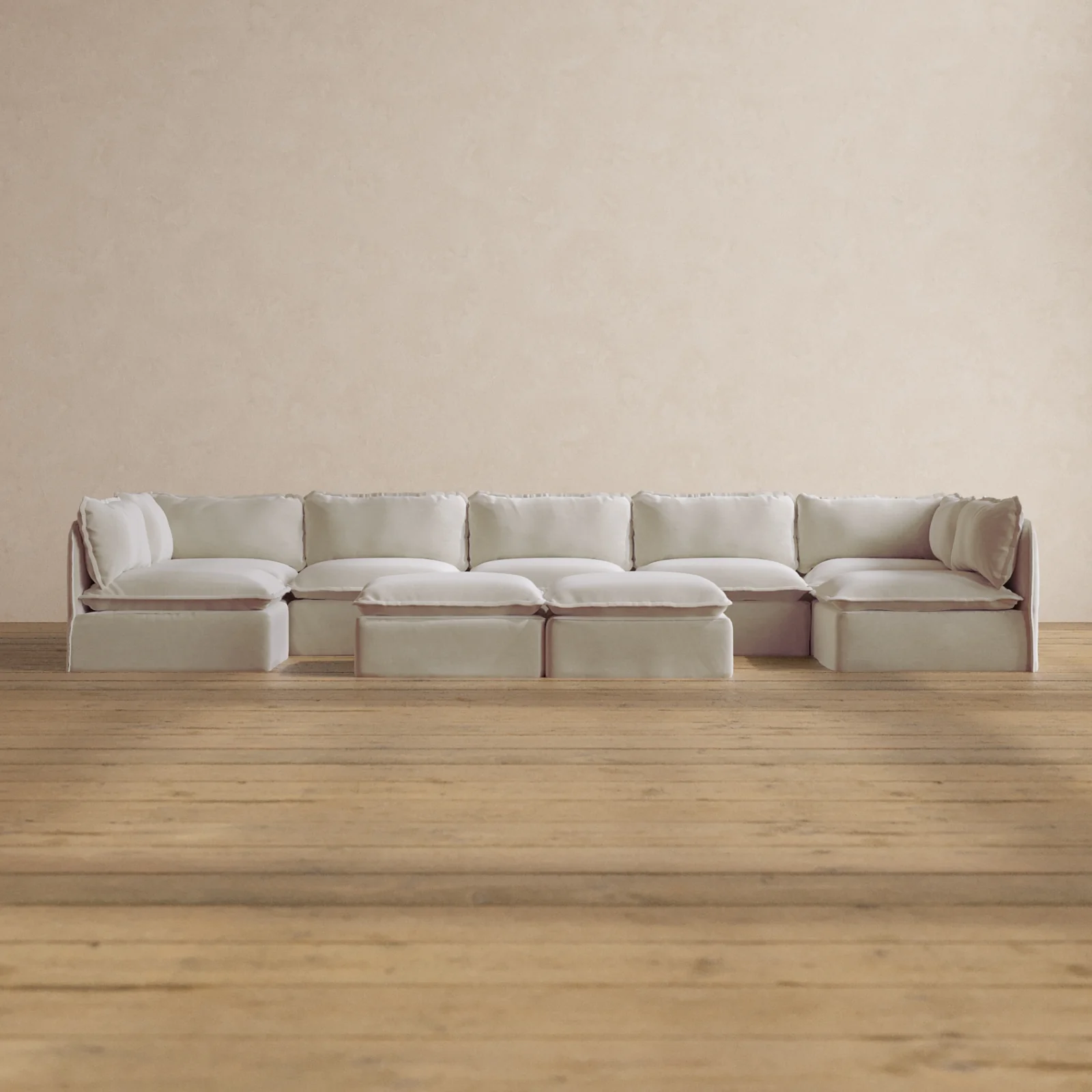 Modular Washable 7-Seater Open-Ends U-Sectional + Bench Ottoman in Coco | Deluxe+ Seat | Cloud Pillow
