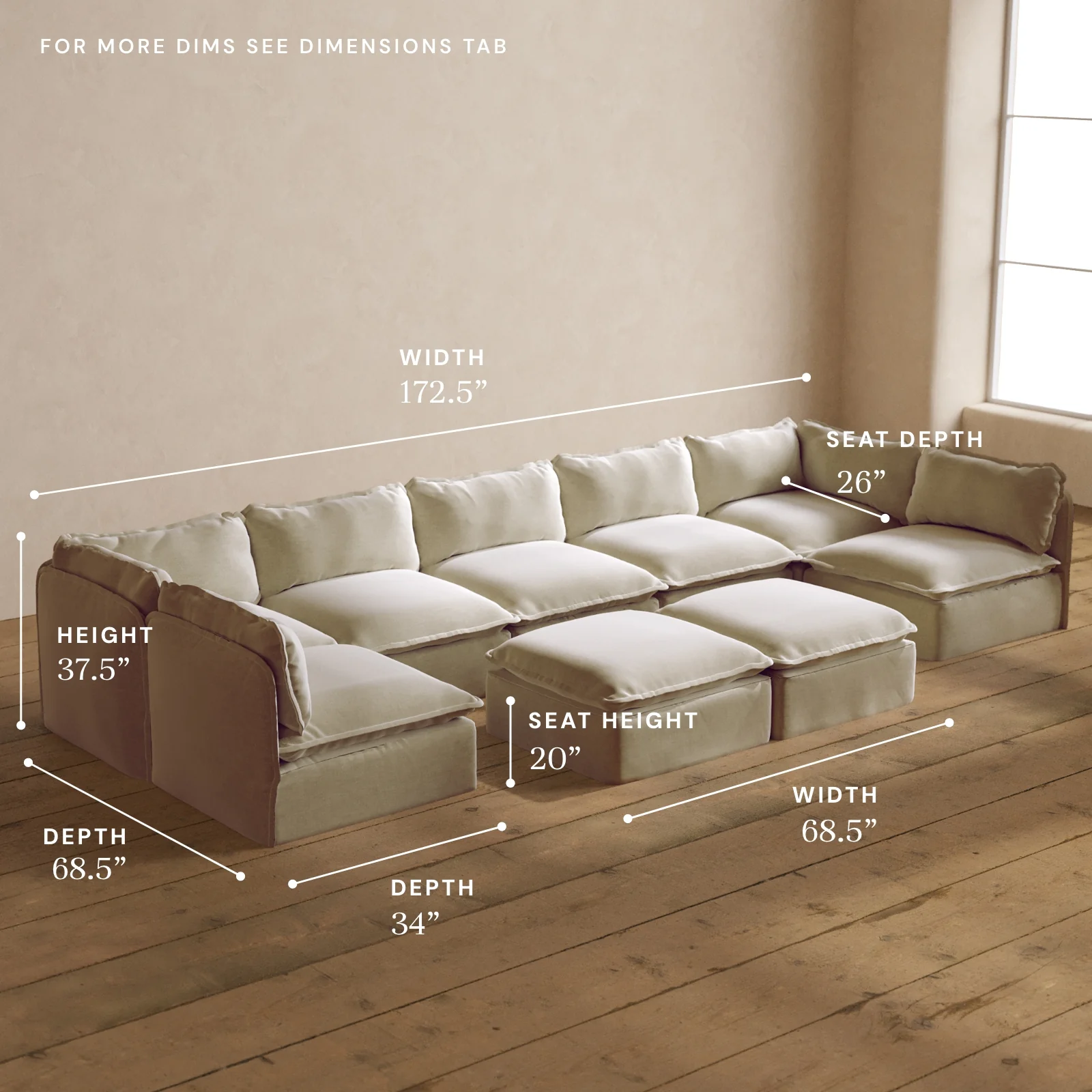 Modular Washable 7-Seater Open-Ends U-Sectional + Bench Ottoman in Coco | Memorix+ Seat | Contour Pillow - Image 5