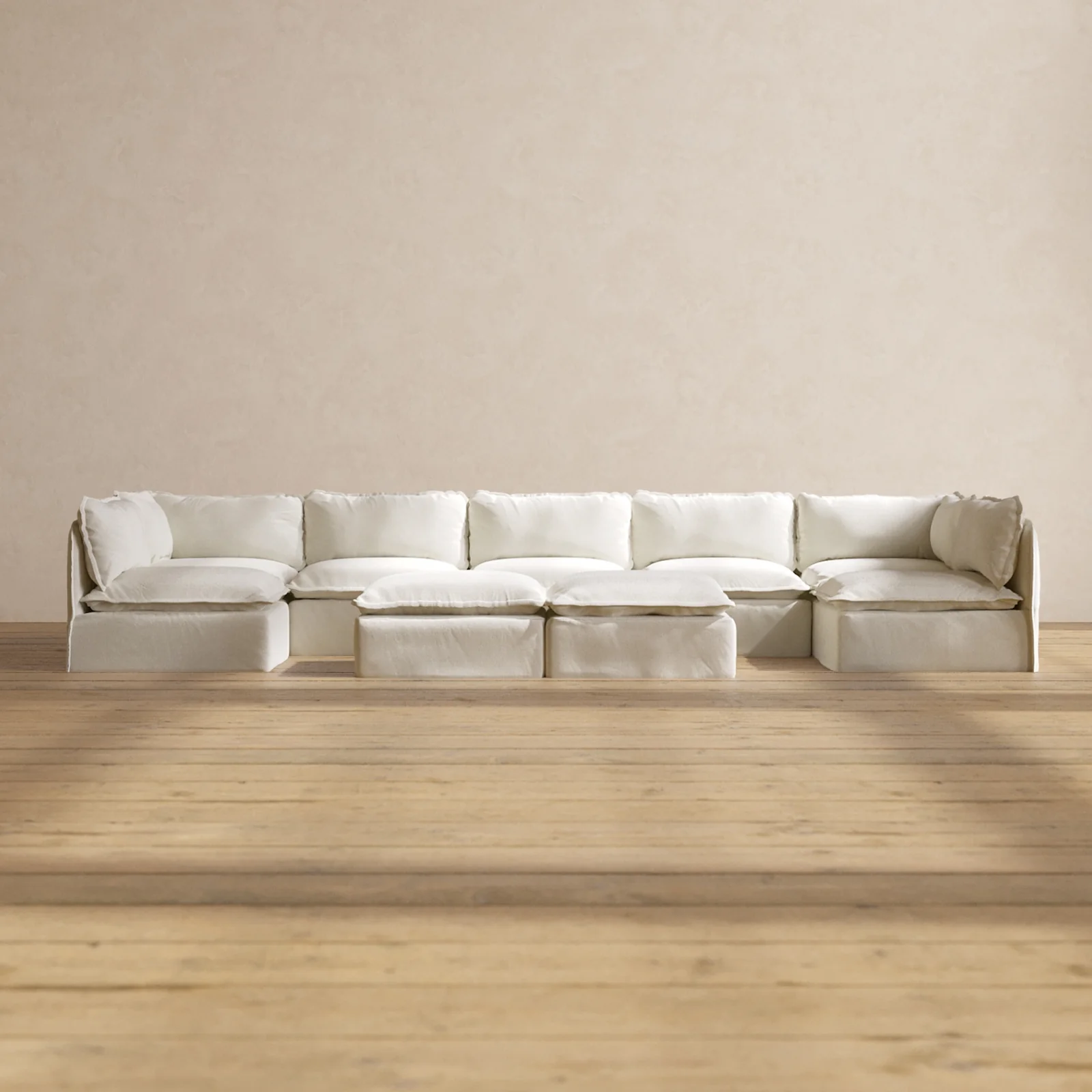 Modular Washable 7-Seater Open-Ends U-Sectional + Bench Ottoman in Eggshell | Deluxe+ Seat | Cloud Pillow