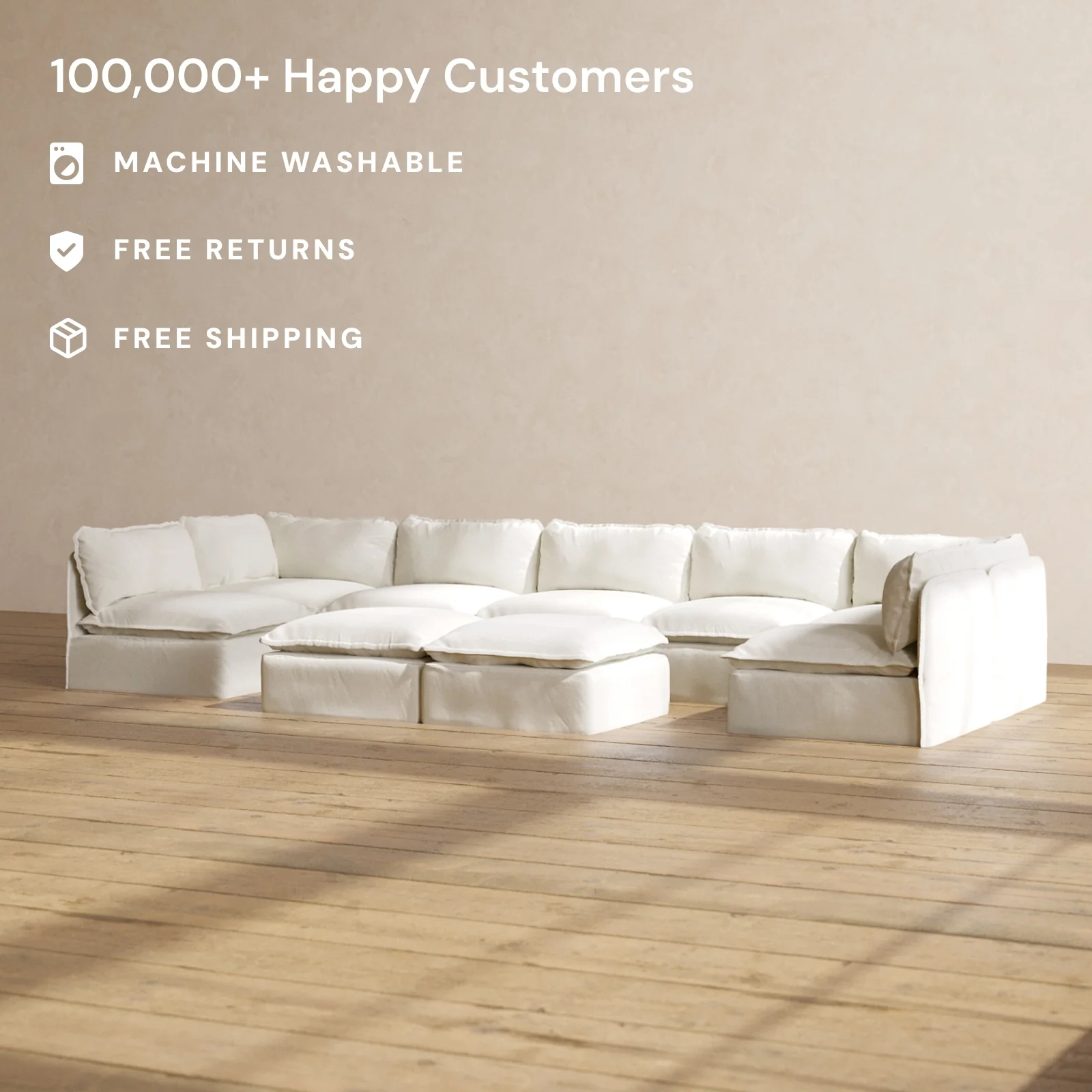 Modular Washable 7-Seater Open-Ends U-Sectional + Bench Ottoman in Eggshell | Memorix+ Seat | Contour Pillow - Image 2