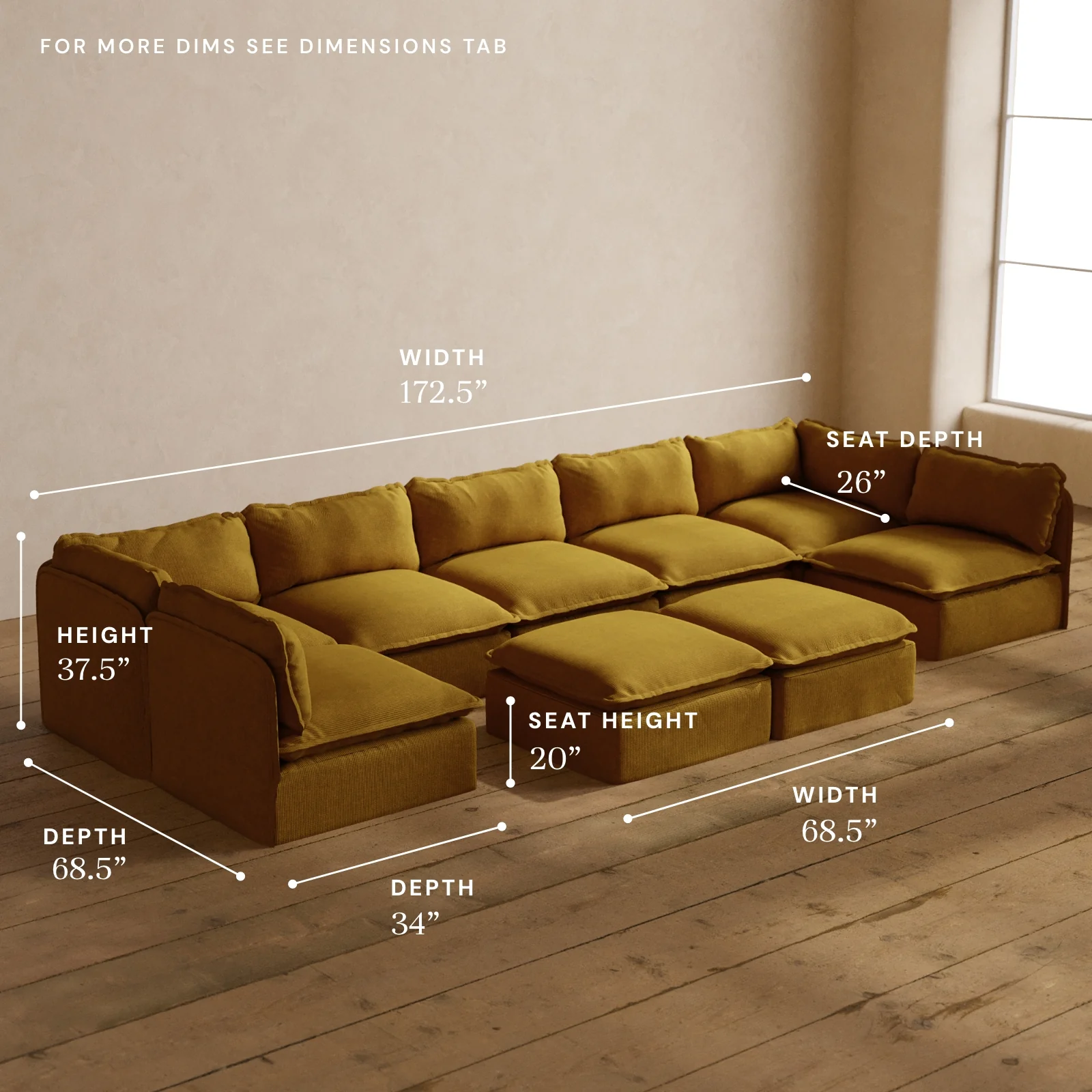 Modular Washable 7-Seater Open-Ends U-Sectional + Bench Ottoman in Kiiro | Deluxe+ Seat | Cloud Pillow - Image 5