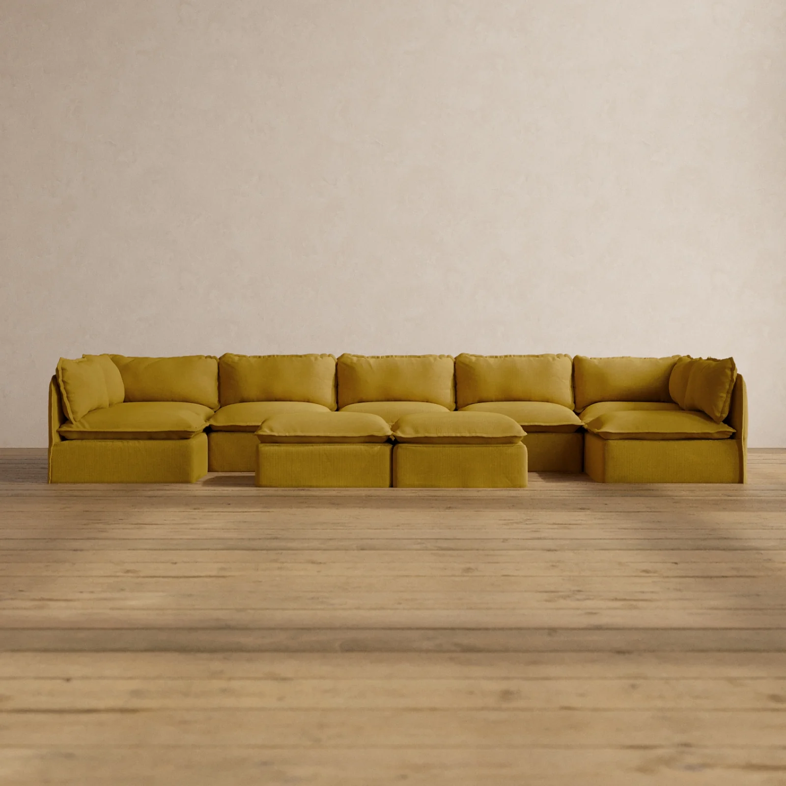 Modular Washable 7-Seater Open-Ends U-Sectional + Bench Ottoman in Kiiro | Memorix+ Seat | Contour Pillow