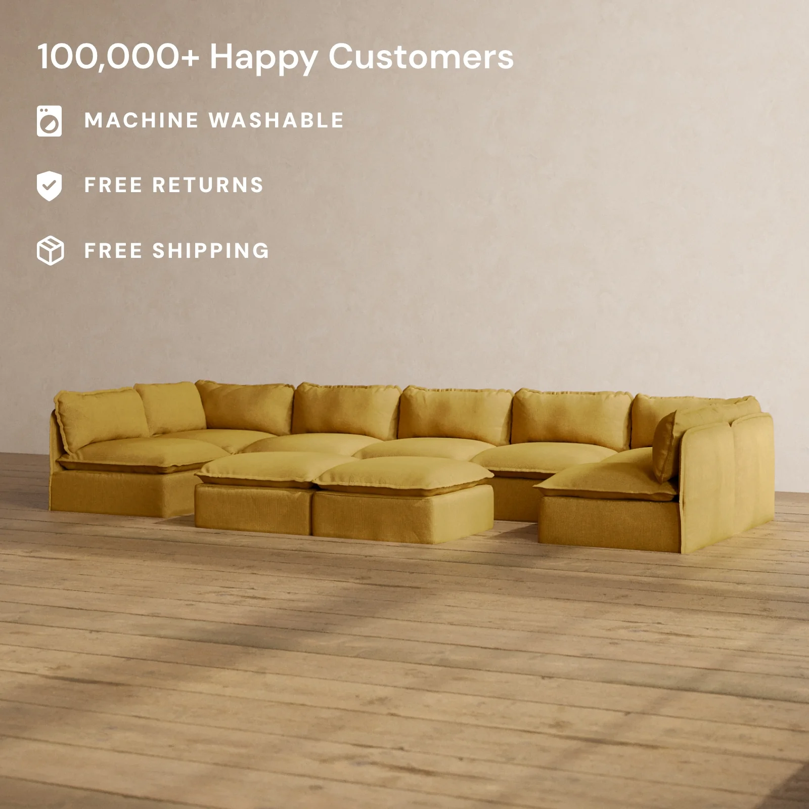 Modular Washable 7-Seater Open-Ends U-Sectional + Bench Ottoman in Kiiro | Memorix+ Seat | Contour Pillow - Image 2