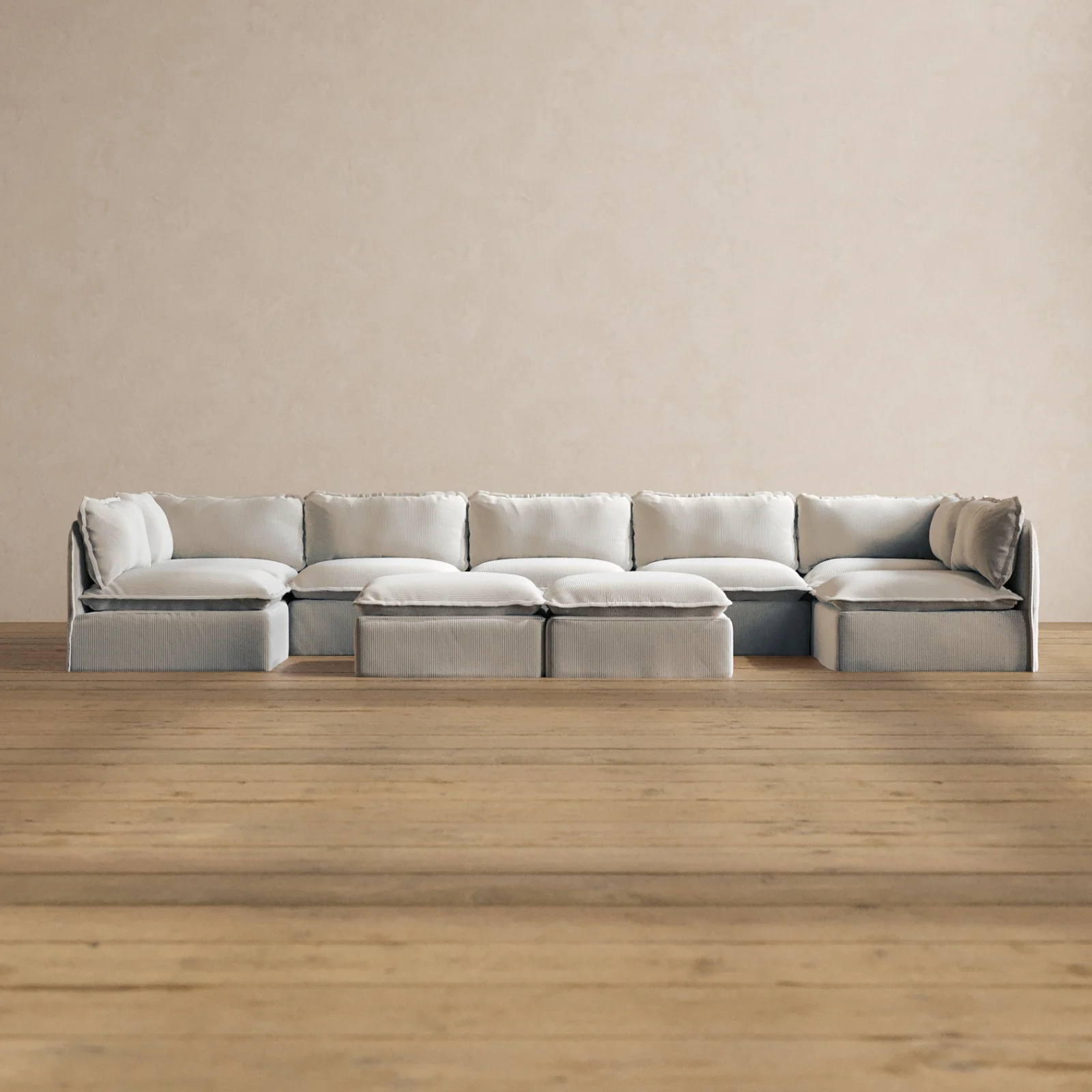Modular Washable 7-Seater Open-Ends U-Sectional + Bench Ottoman in Milk | Deluxe+ Seat | Cloud Pillow