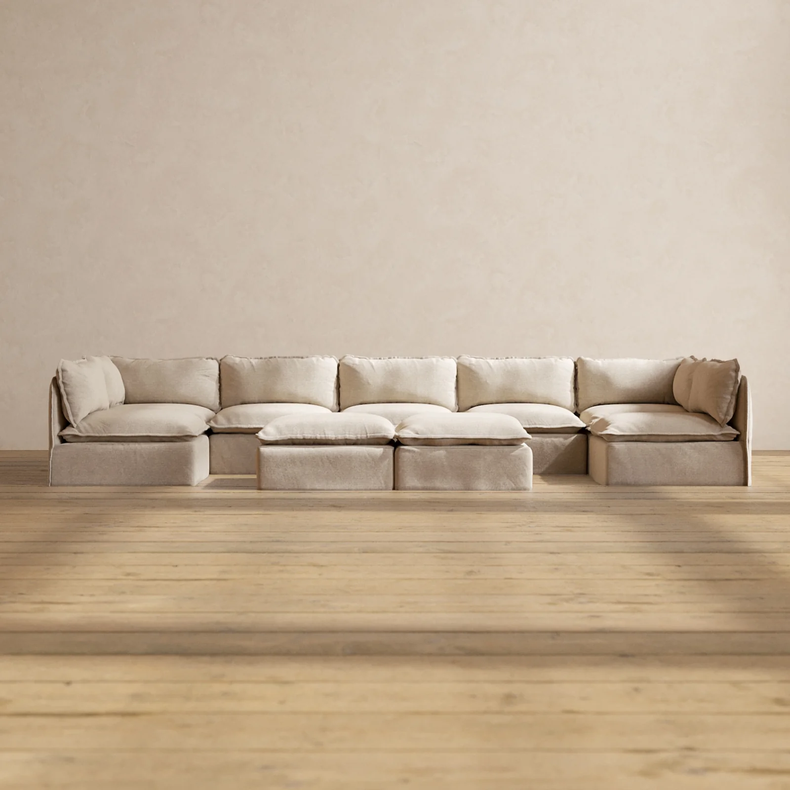 Modular Washable 7-Seater Open-Ends U-Sectional + Bench Ottoman in Oat | Memorix+ Seat | Contour Pillow