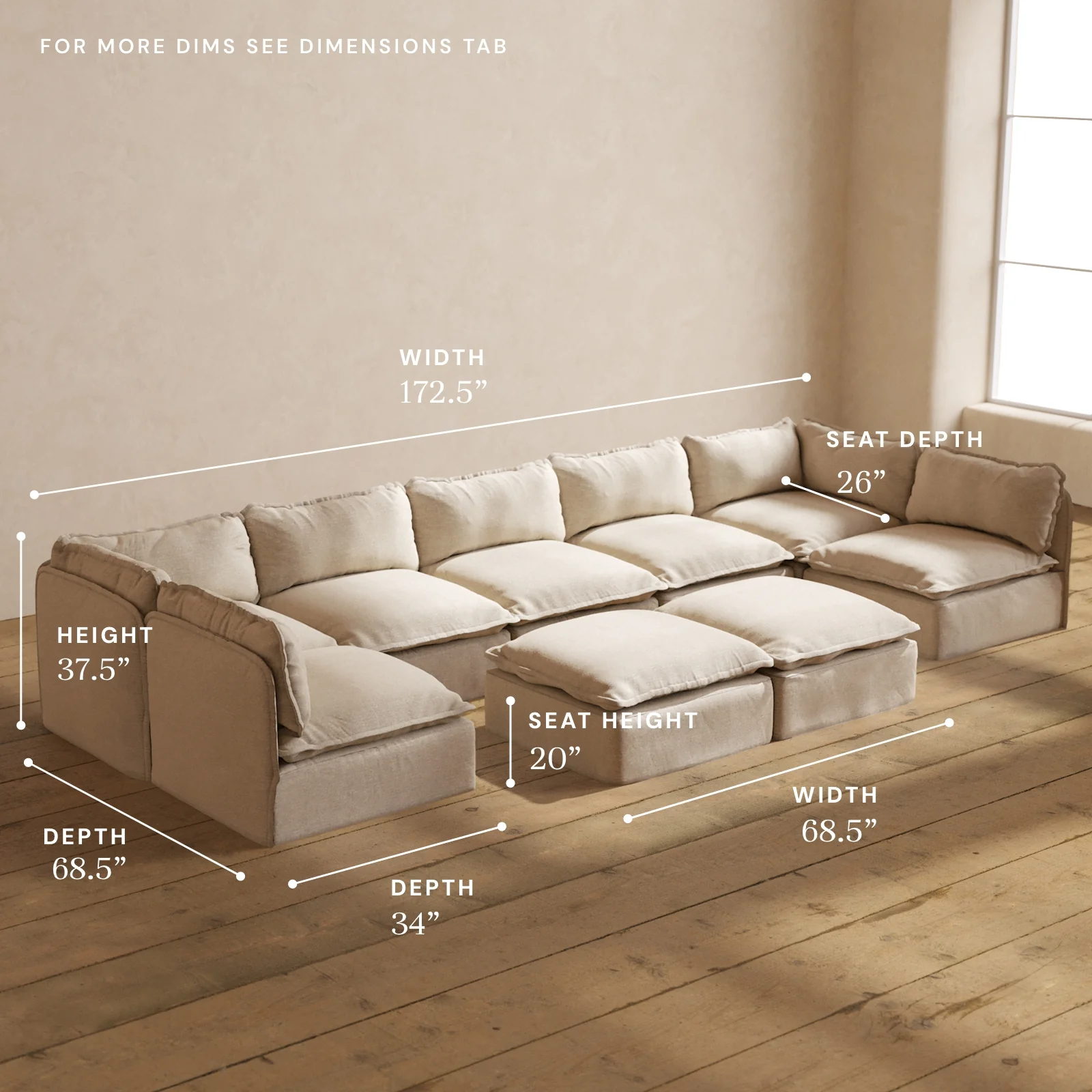 Modular Washable 7-Seater Open-Ends U-Sectional + Bench Ottoman in Oat | Memorix+ Seat | Contour Pillow - Image 5