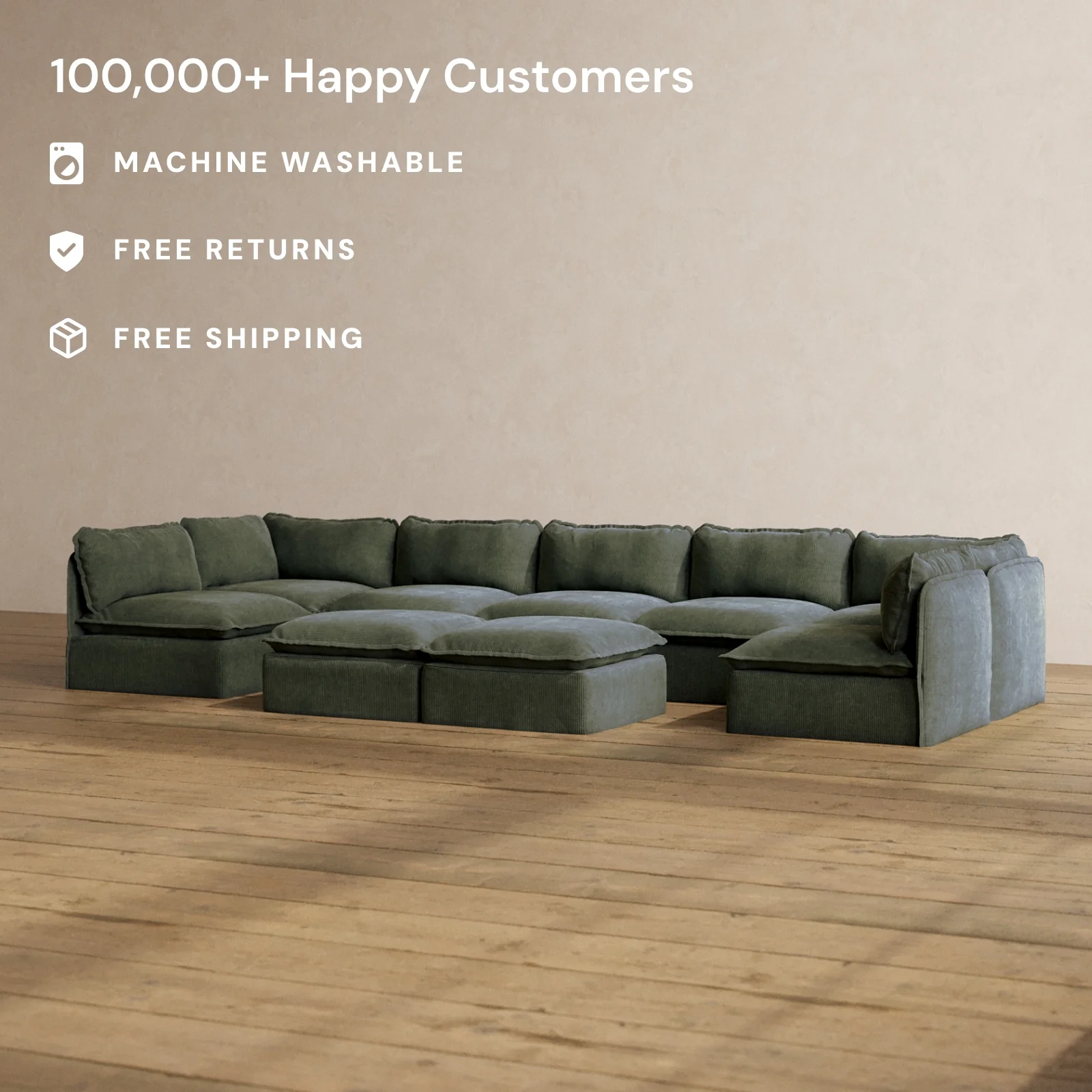Modular Washable 7-Seater Open-Ends U-Sectional + Bench Ottoman in Olivine | Memorix+ Seat | Contour Pillow - Image 2