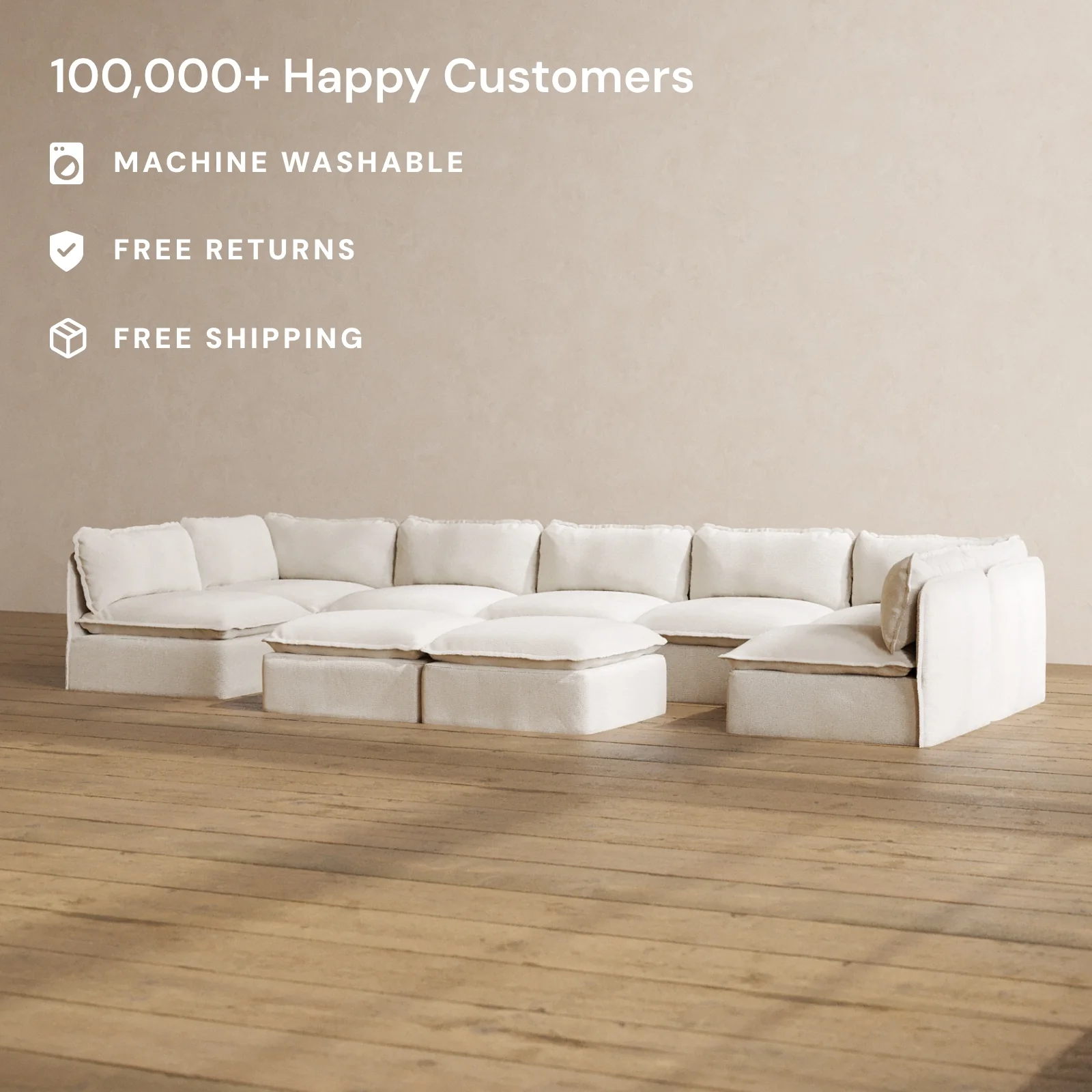 Modular Washable 7-Seater Open-Ends U-Sectional + Bench Ottoman in Powder | Memorix+ Seat | Contour Pillow - Image 2