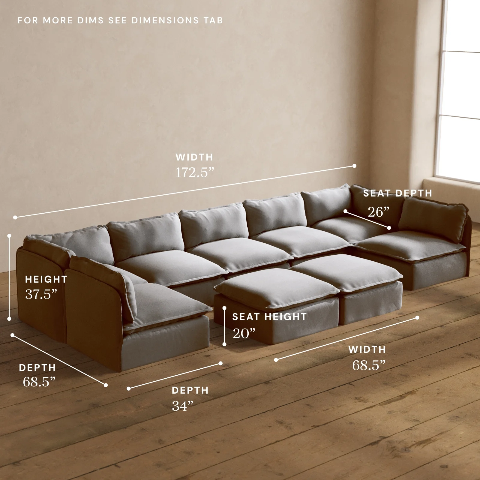 Modular Washable 7-Seater Open-Ends U-Sectional + Bench Ottoman in Pumice | Deluxe+ Seat | Cloud Pillow - Image 5