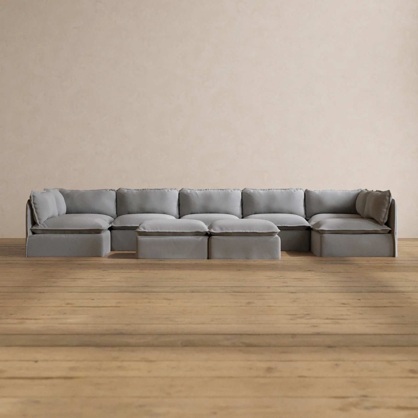 Modular Washable 7-Seater Open-Ends U-Sectional + Bench Ottoman in Pumice | Memorix+ Seat | Contour Pillow