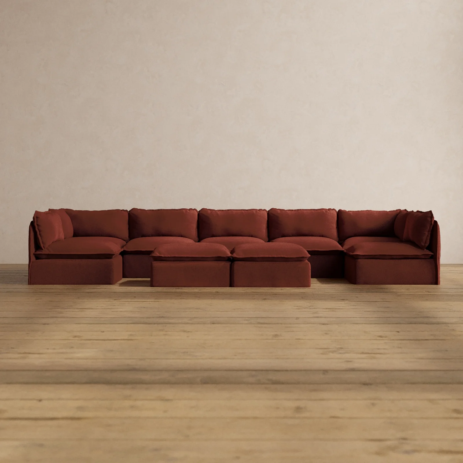 Modular Washable 7-Seater Open-Ends U-Sectional + Bench Ottoman in Rust | Deluxe+ Seat | Cloud Pillow
