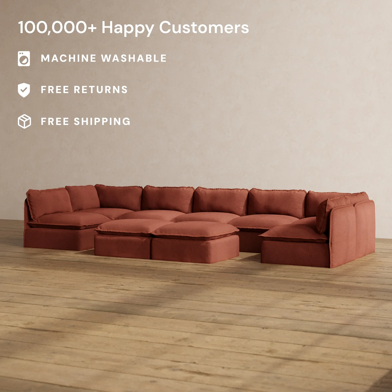 Modular Washable 7-Seater Open-Ends U-Sectional + Bench Ottoman in Rust | Memorix+ Seat | Contour Pillow - Image 2